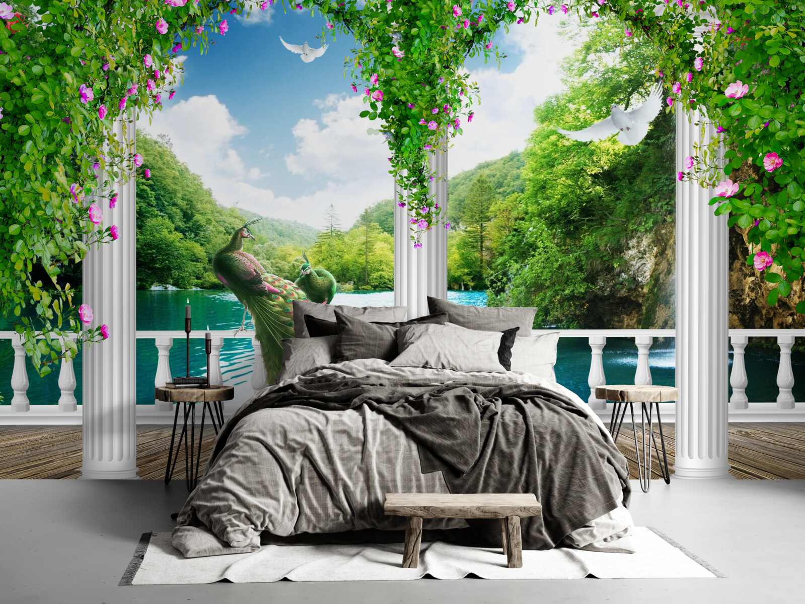 Fototapeta kolonáda nad jazerom, zarastená kríkmi