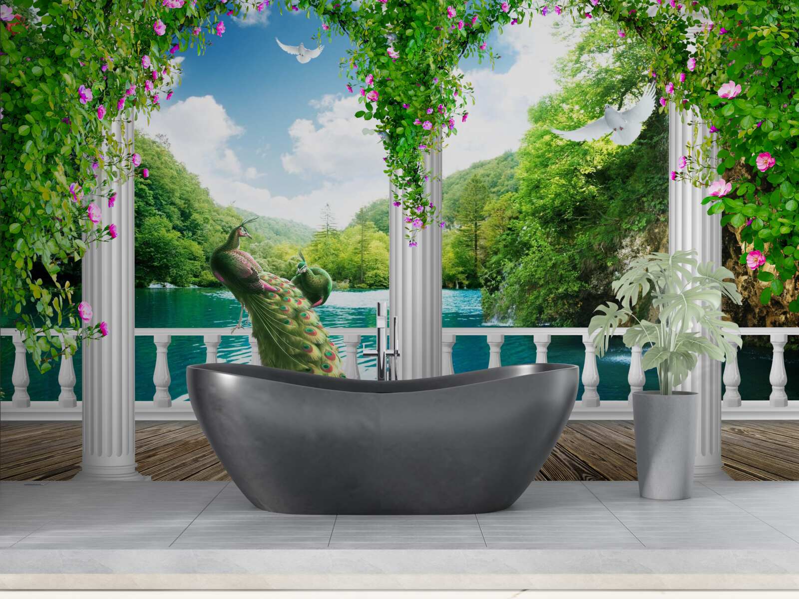 Fototapeta kolonáda nad jazerom, zarastená kríkmi