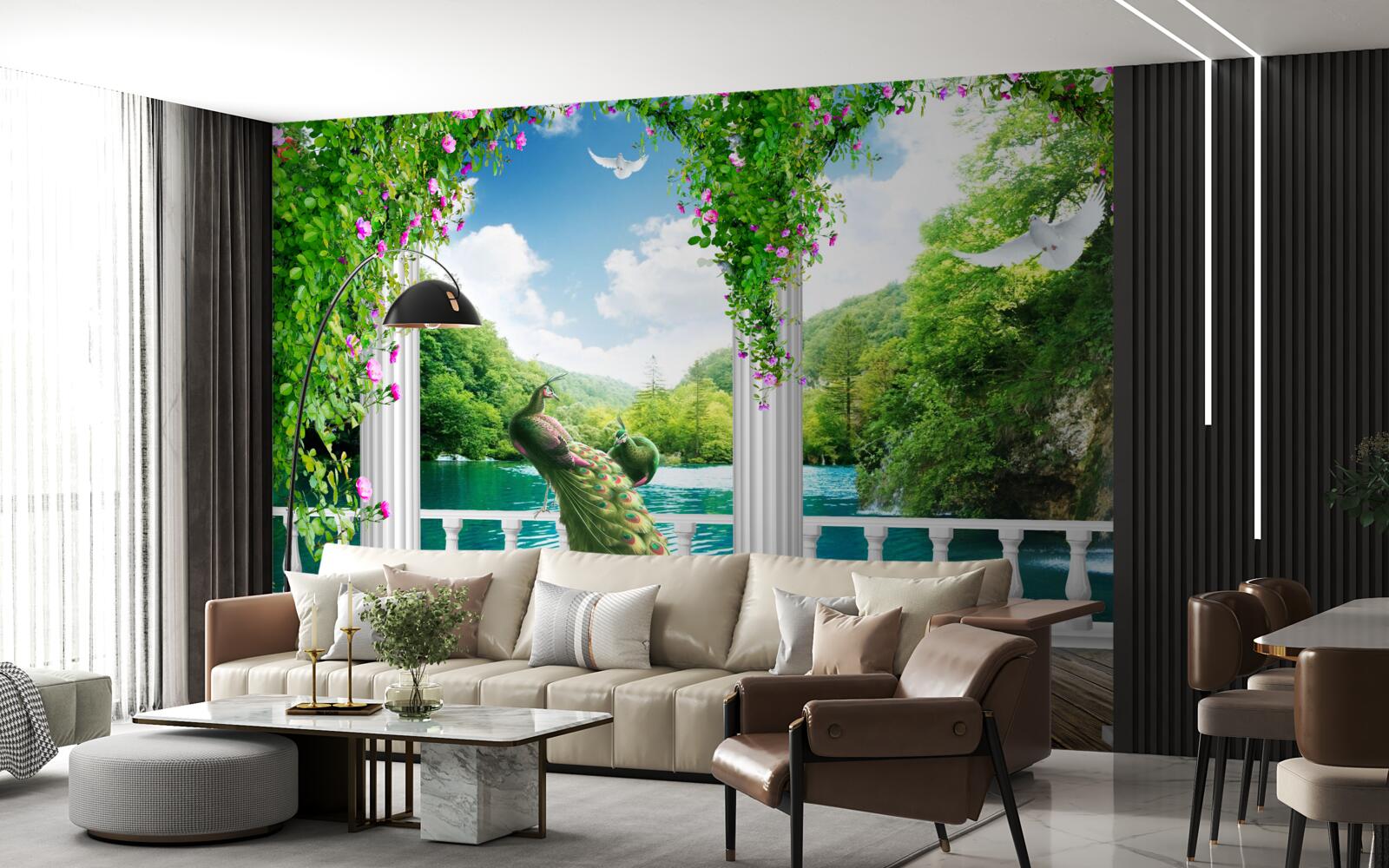 Fototapeta kolonáda nad jazerom, zarastená kríkmi