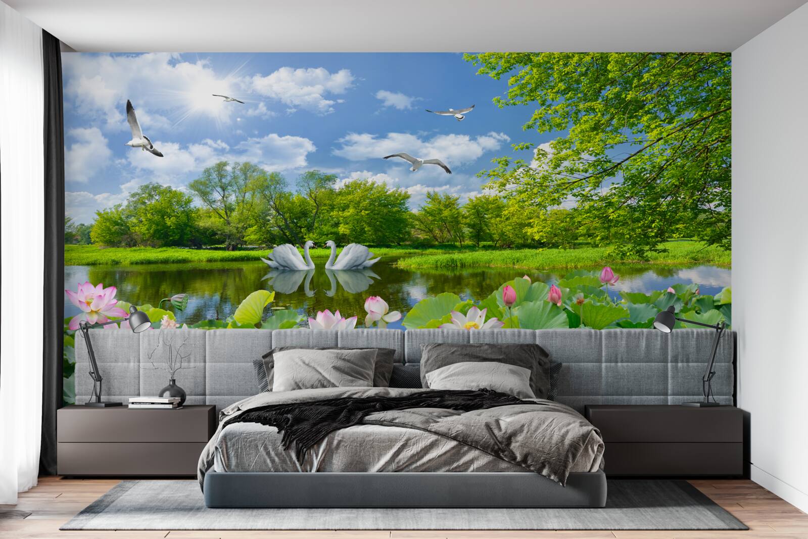 Fototapeta dve labute plávajú na jazierku s leknami