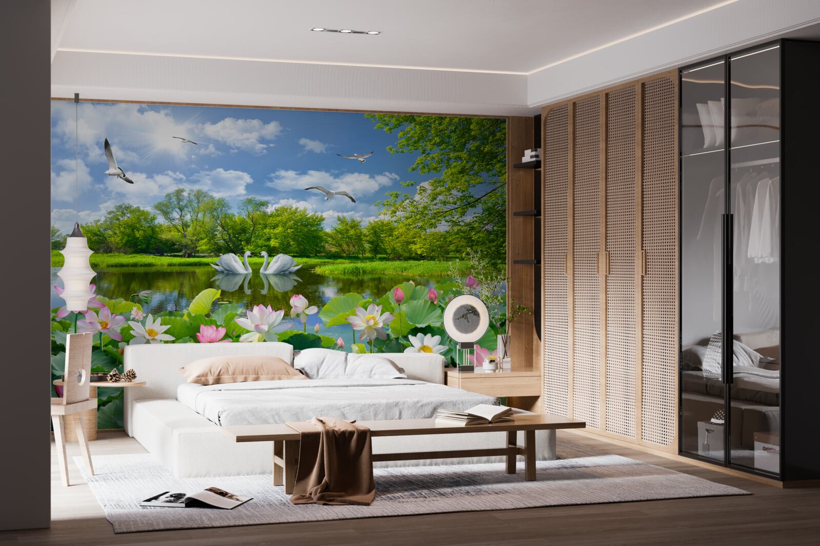 Fototapeta dve labute plávajú na jazierku s leknami