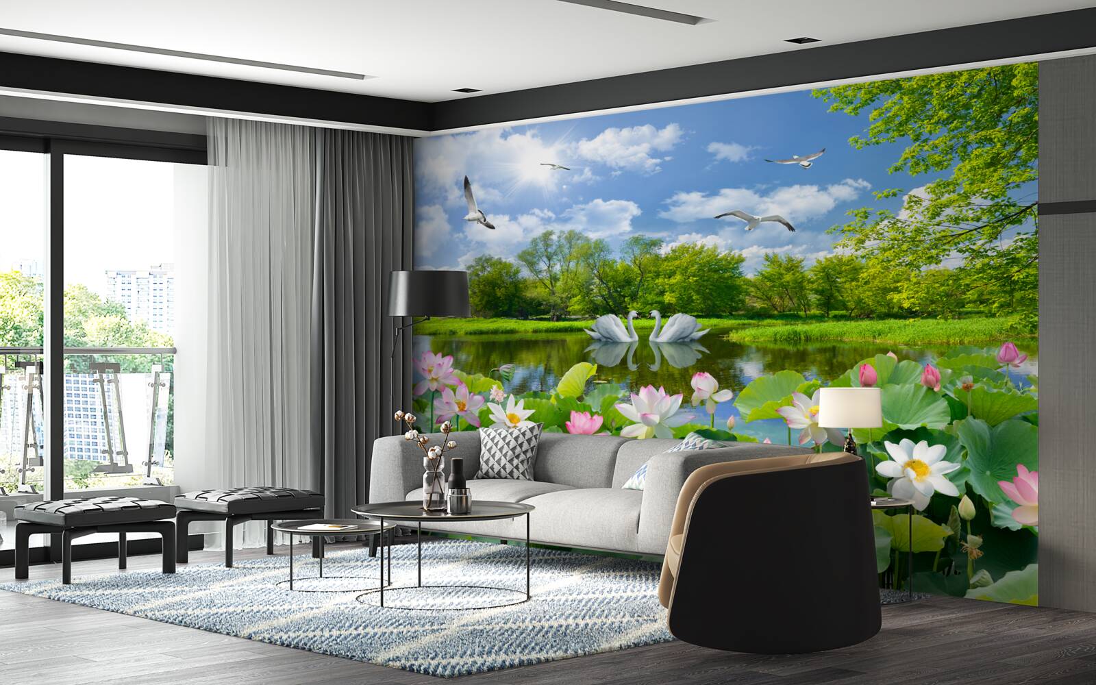 Fototapeta dve labute plávajú na jazierku s leknami