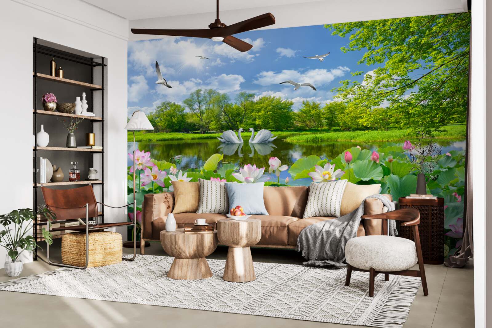 Fototapeta dve labute plávajú na jazierku s leknami