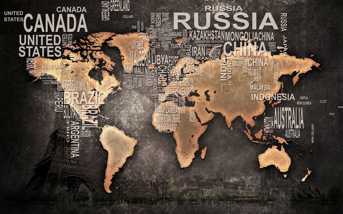 Fototapeta mapa sveta v tmavých farbách s názvami najväčších štátov