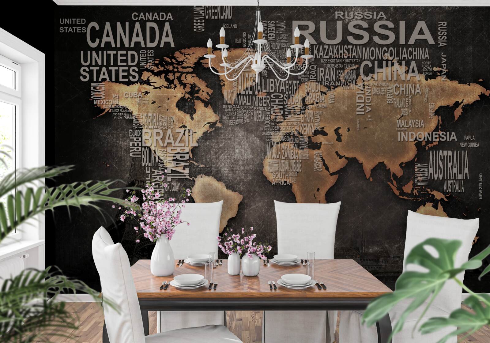 Fototapeta mapa sveta v tmavých farbách s názvami najväčších štátov