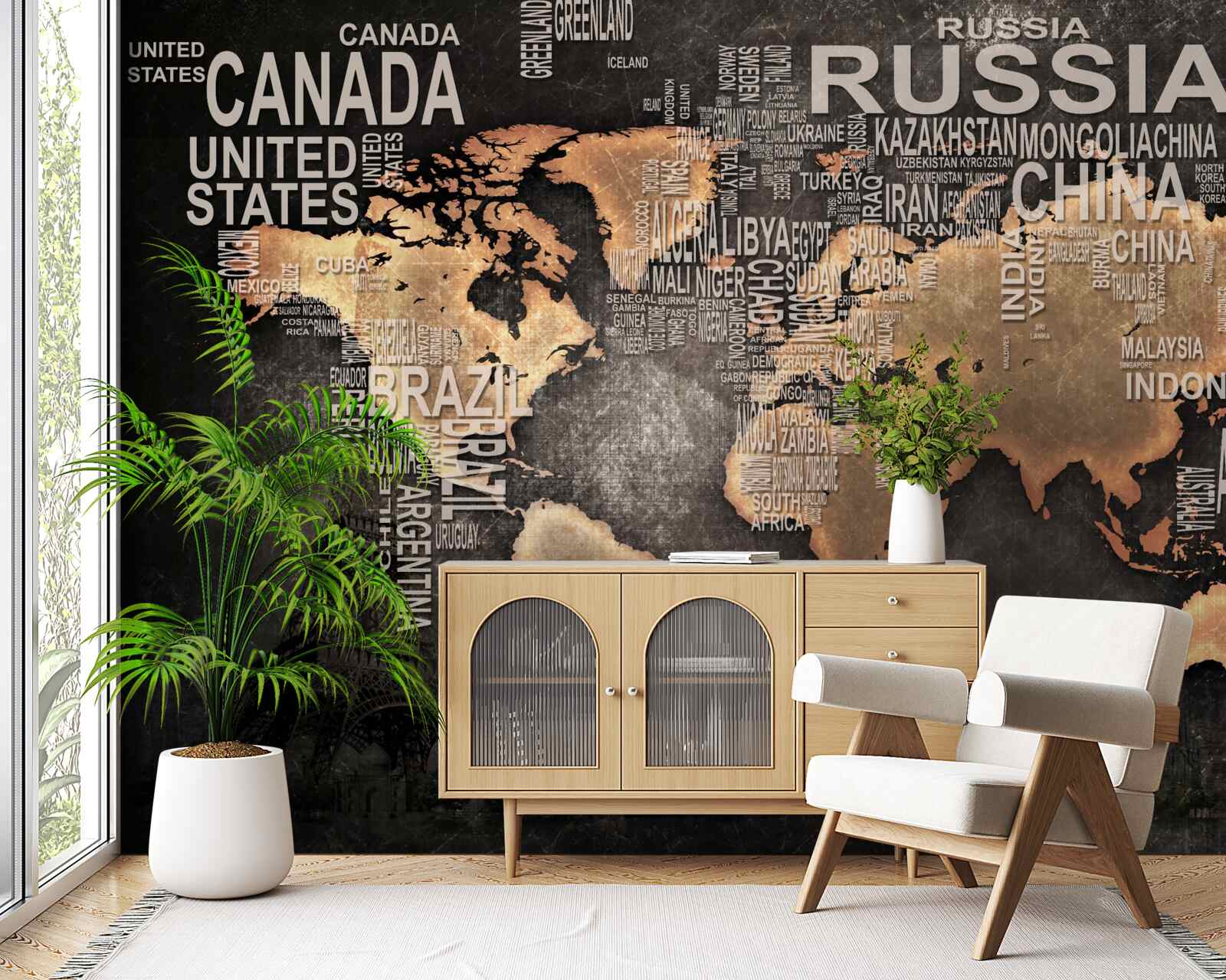 Fototapeta mapa sveta v tmavých farbách s názvami najväčších štátov