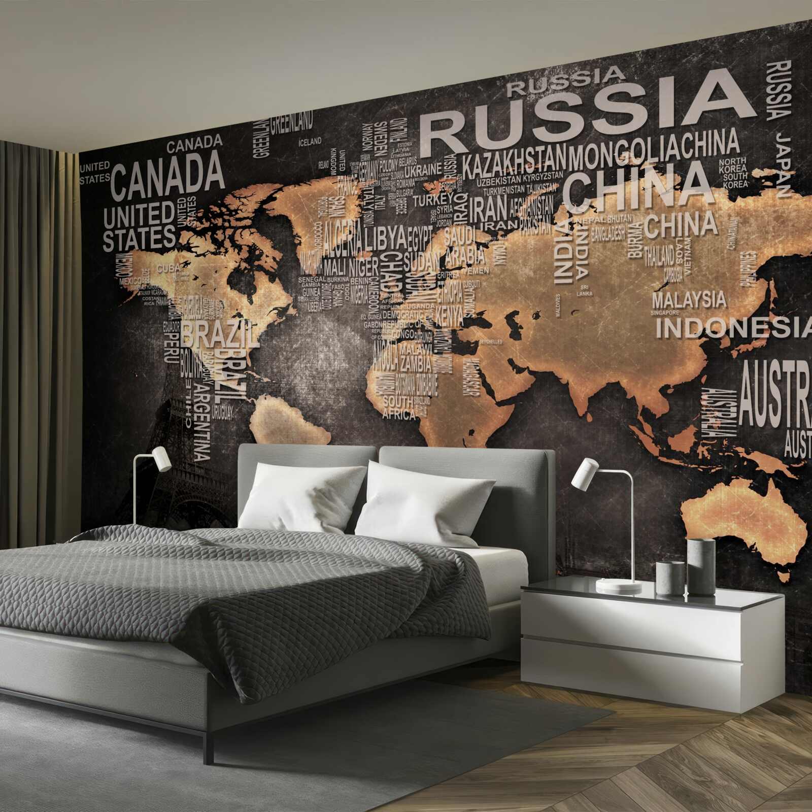 Fototapeta mapa sveta v tmavých farbách s názvami najväčších štátov