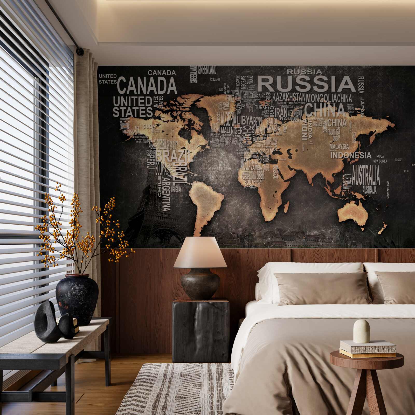 Fototapeta mapa sveta v tmavých farbách s názvami najväčších štátov