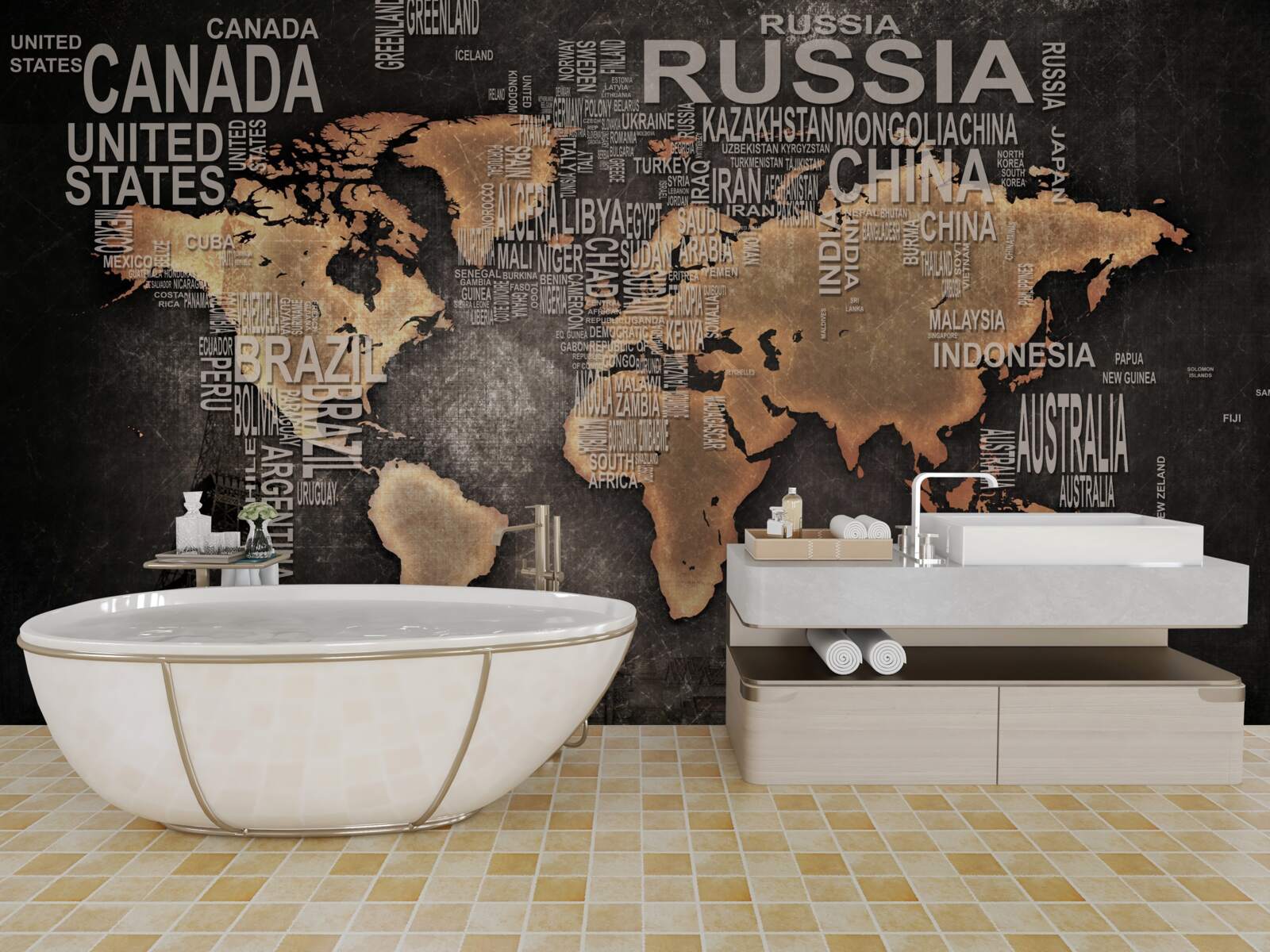 Fototapeta mapa sveta v tmavých farbách s názvami najväčších štátov