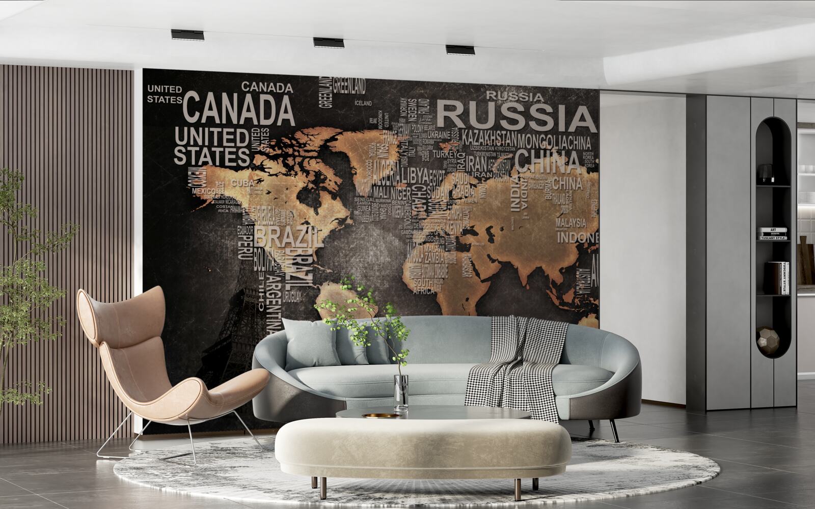 Fototapeta mapa sveta v tmavých farbách s názvami najväčších štátov