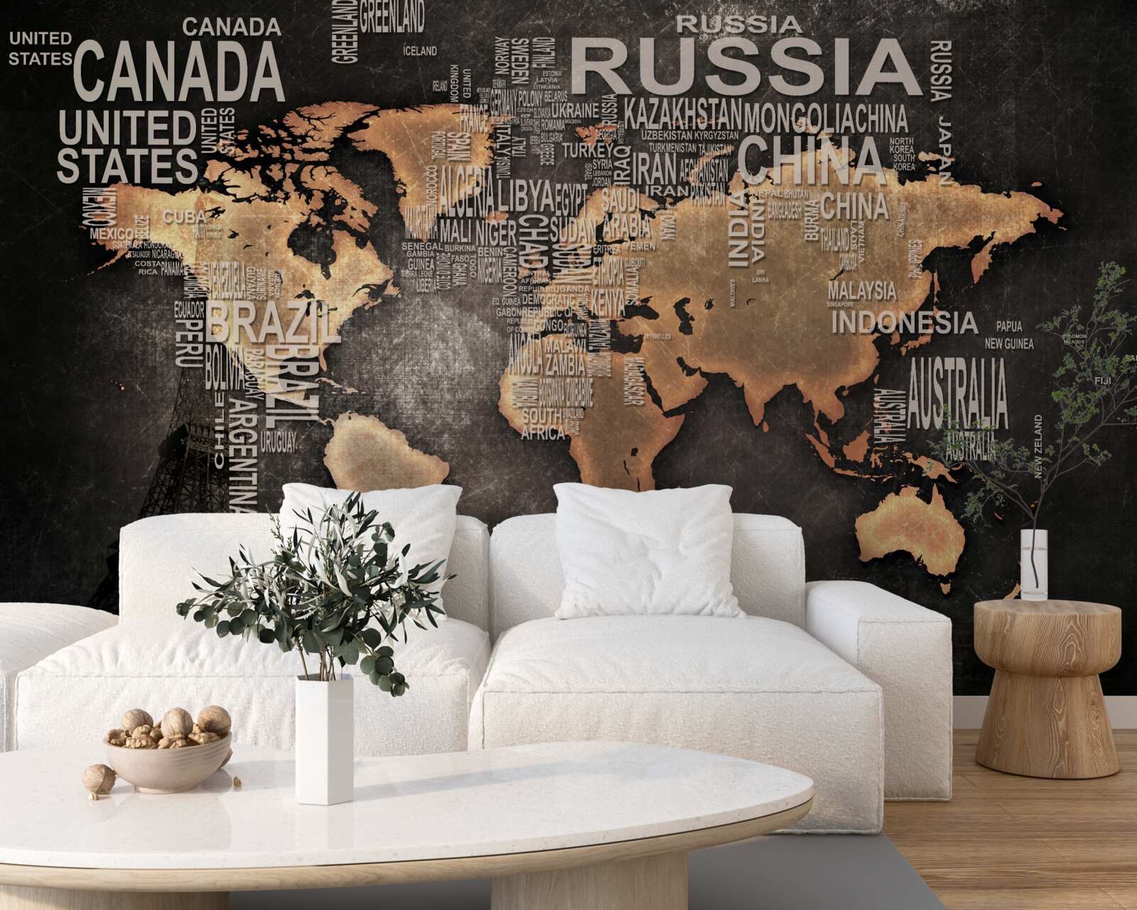 Fototapeta mapa sveta v tmavých farbách s názvami najväčších štátov