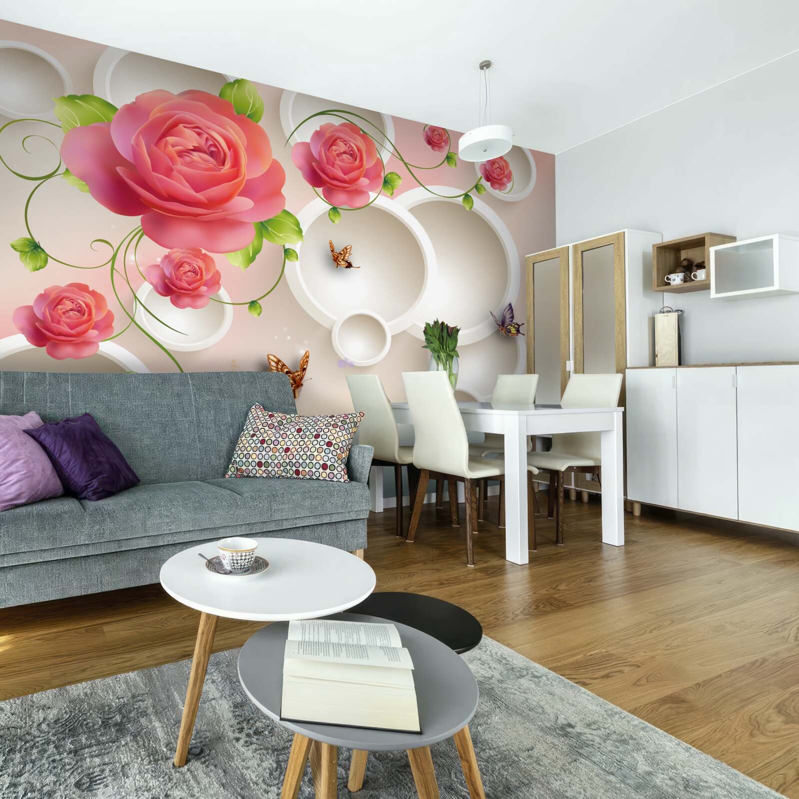 Fototapeta kvety šarlátovej ruže a biele kruhy