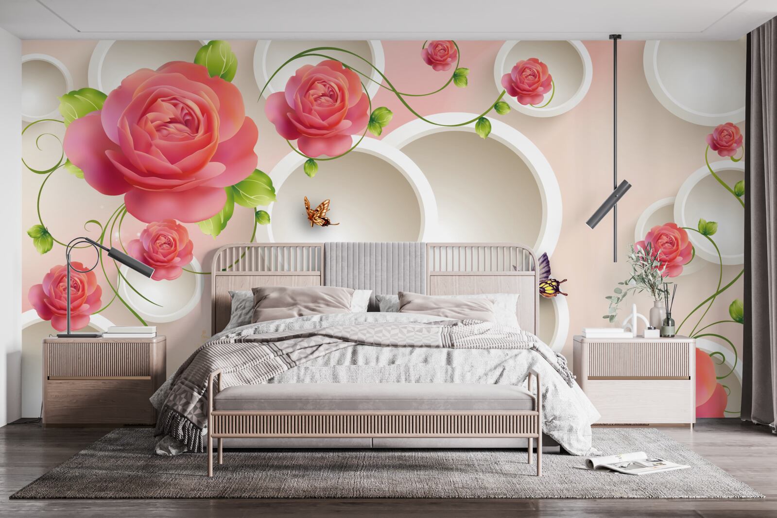 Fototapeta kvety šarlátovej ruže a biele kruhy