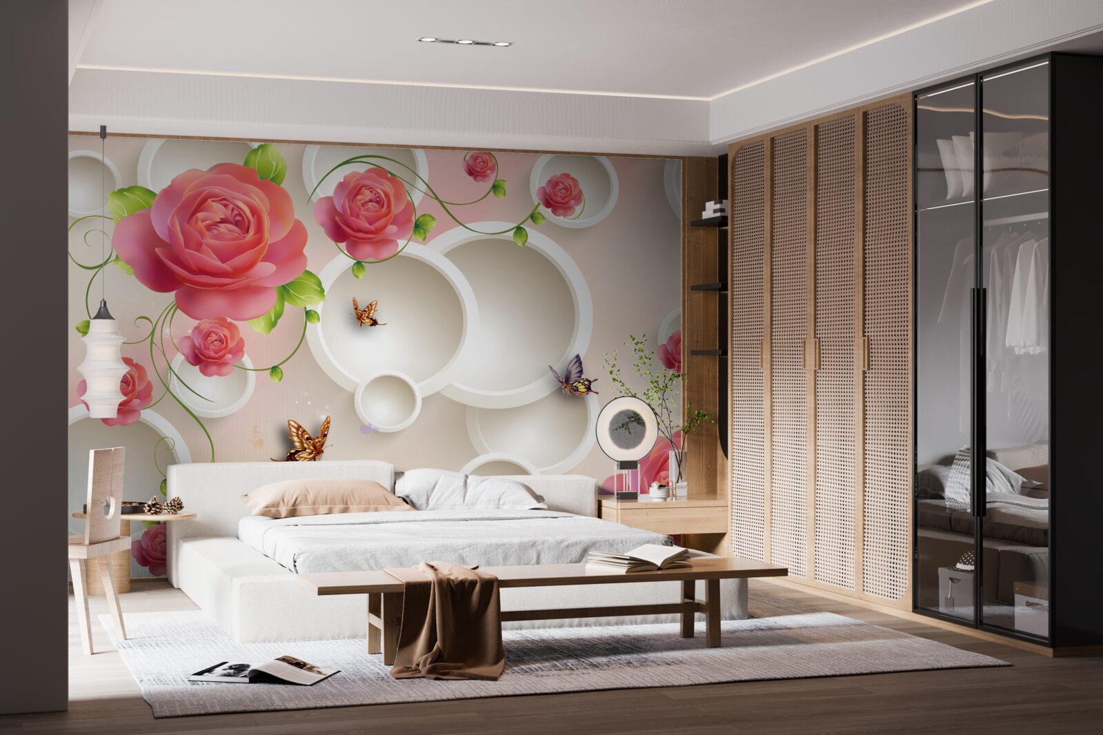 Fototapeta kvety šarlátovej ruže a biele kruhy