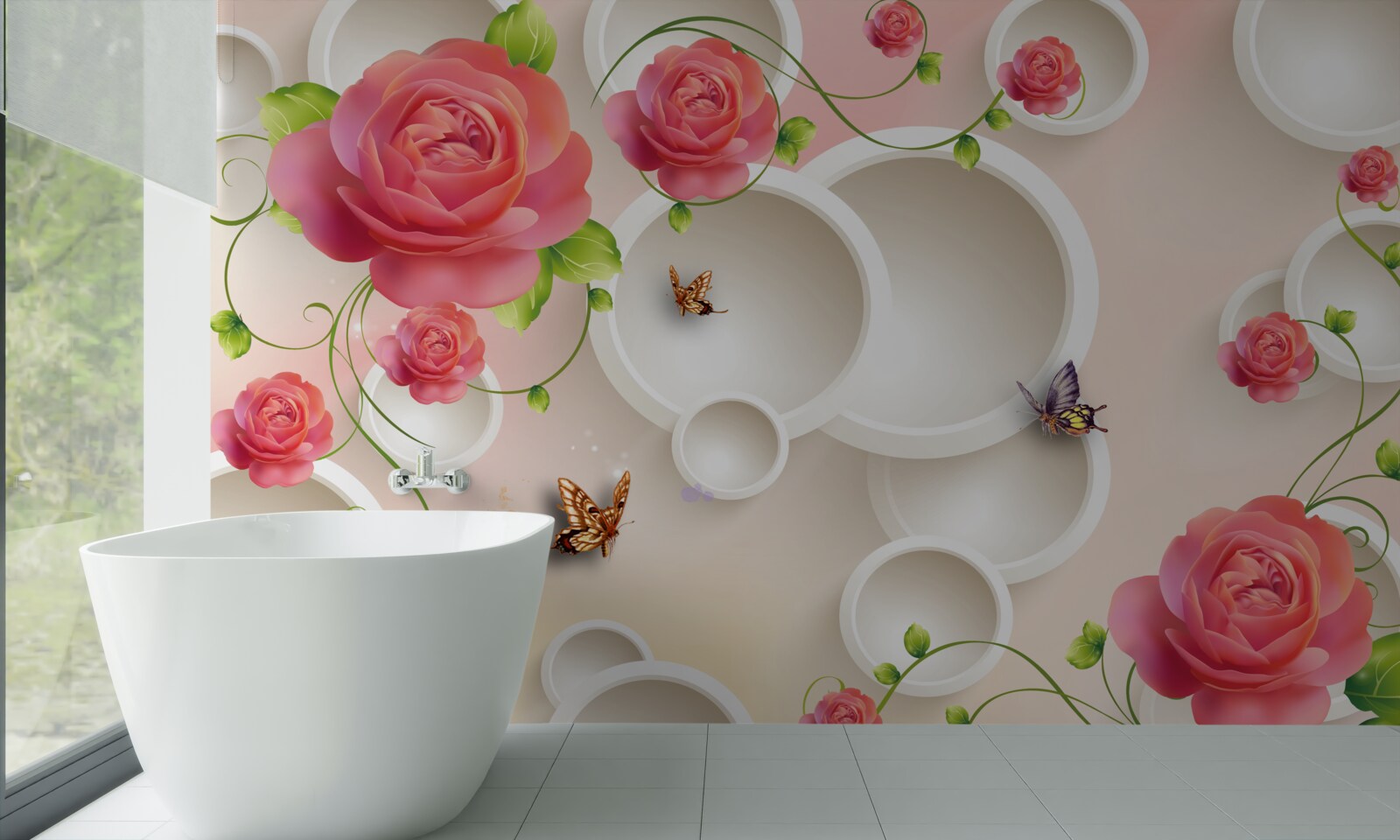 Fototapeta kvety šarlátovej ruže a biele kruhy