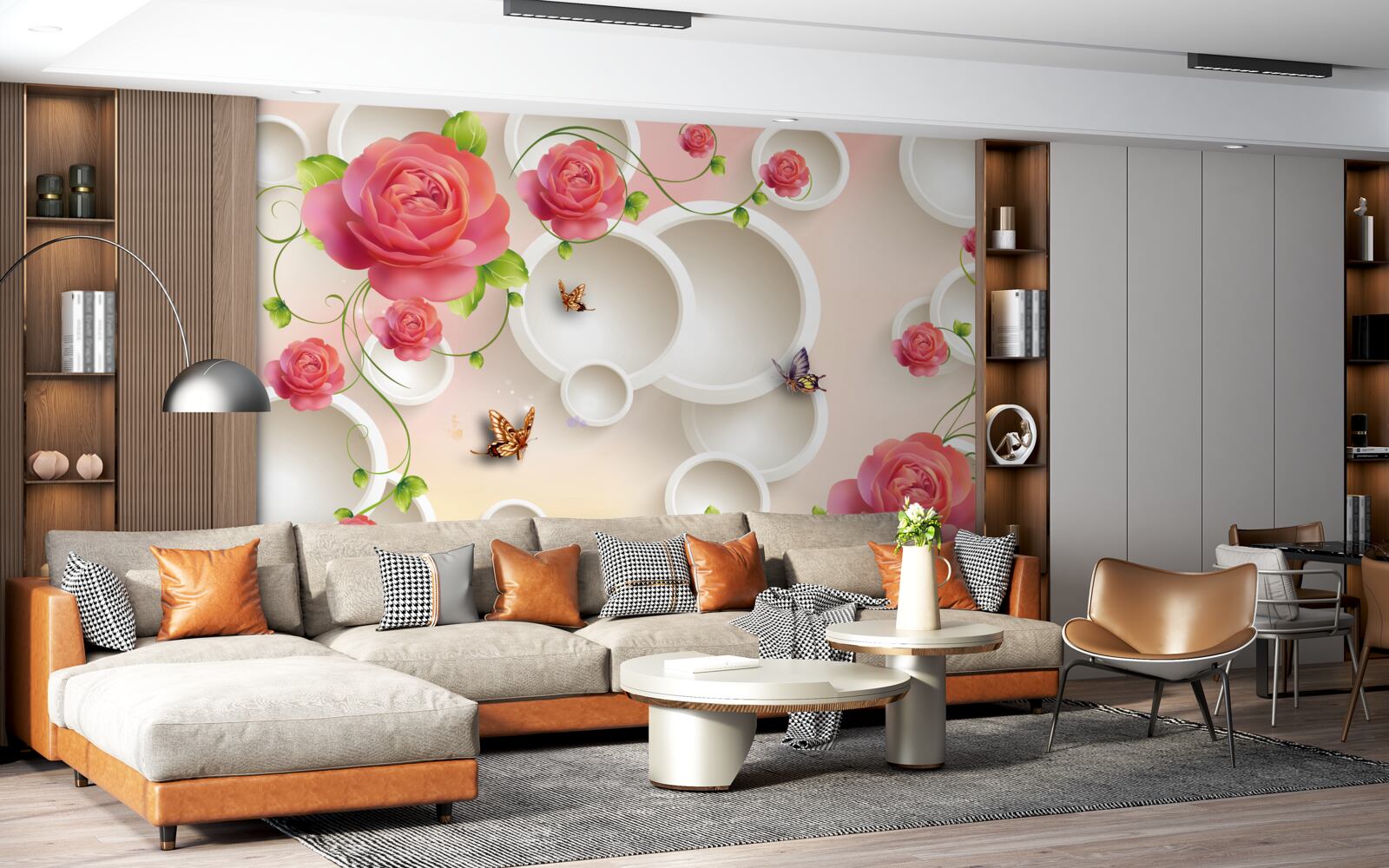 Fototapeta kvety šarlátovej ruže a biele kruhy