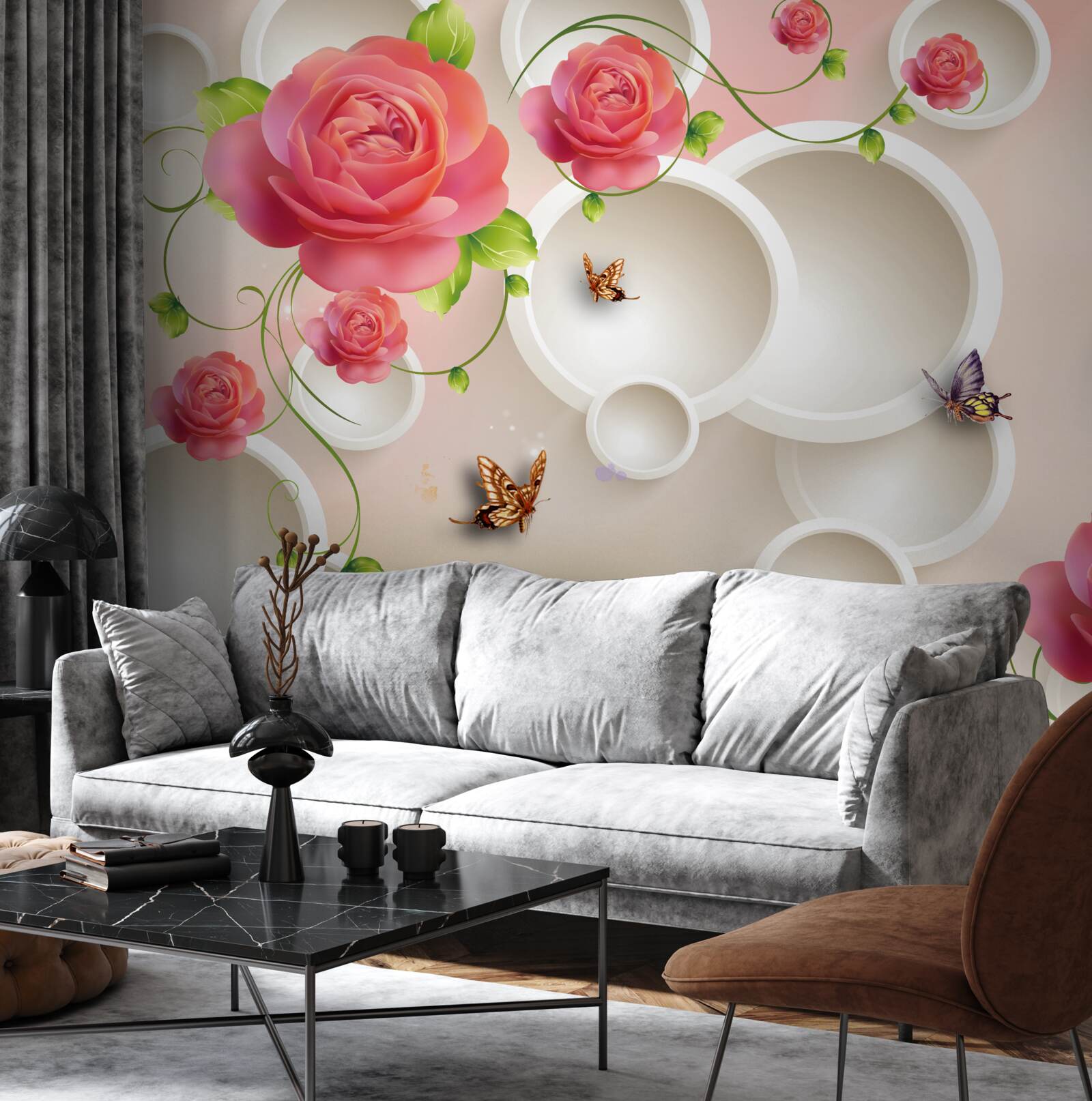 Fototapeta kvety šarlátovej ruže a biele kruhy