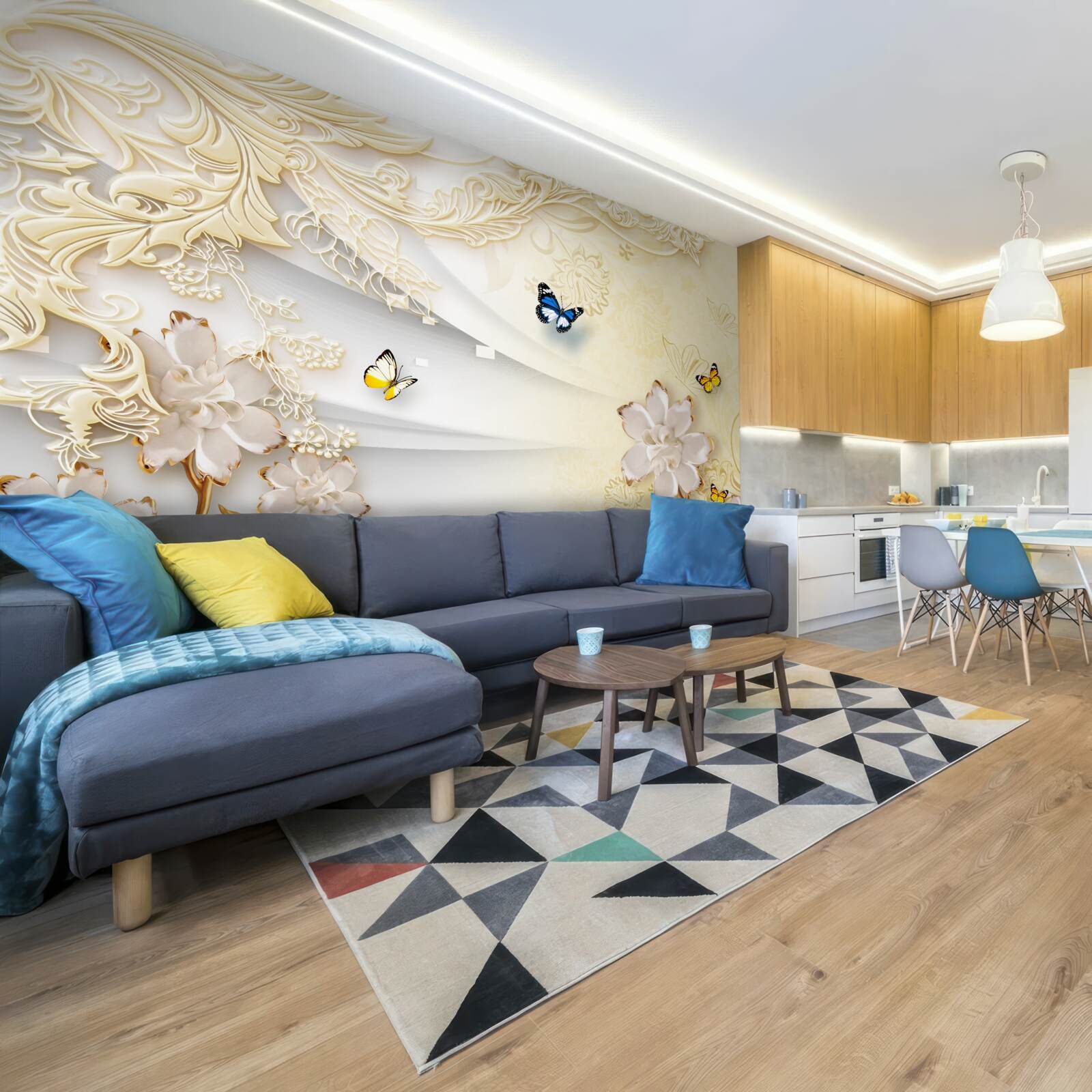 Fototapeta motýle poletujú po konároch s rozvinutými kvetmi