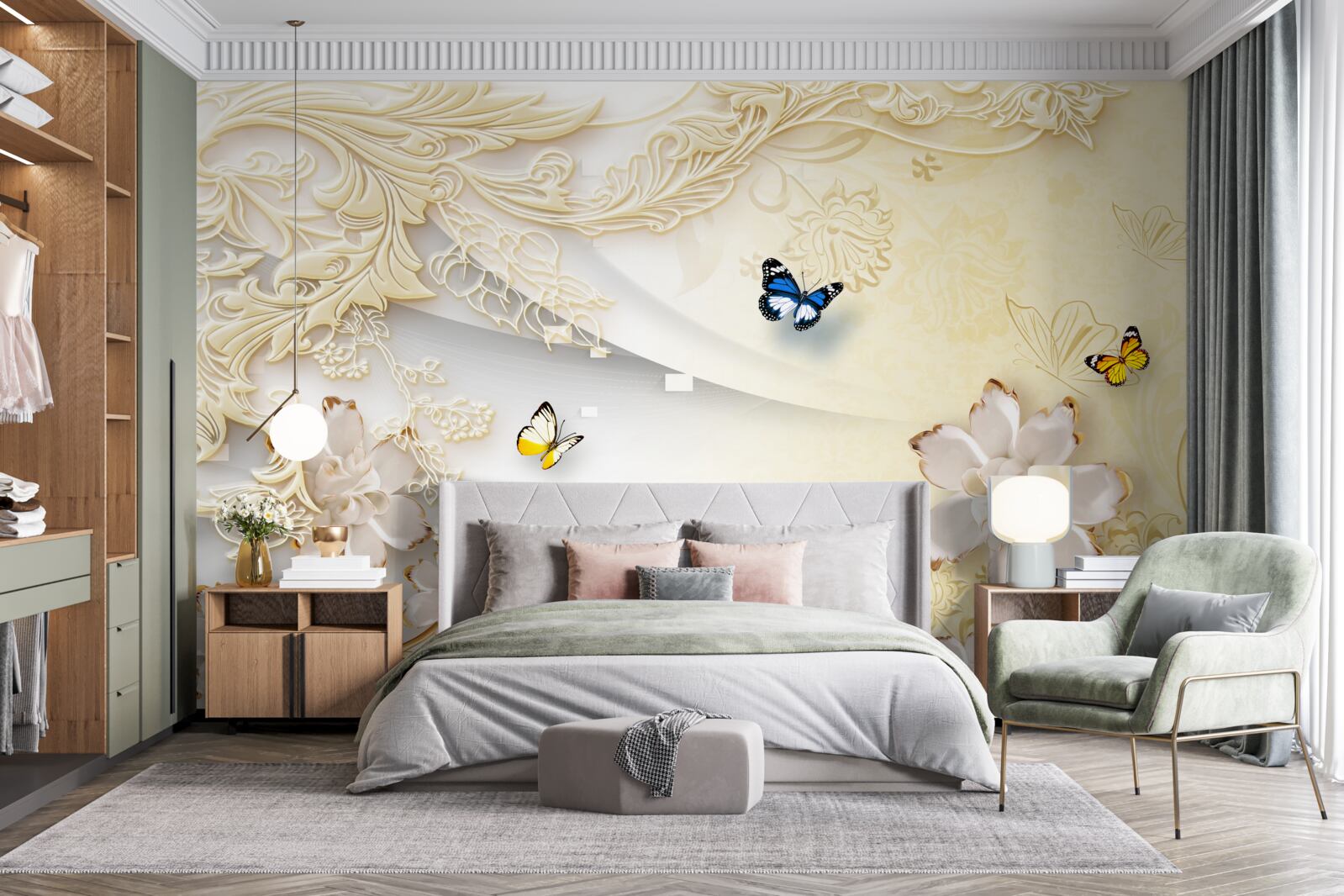 Fototapeta motýle poletujú po konároch s rozvinutými kvetmi