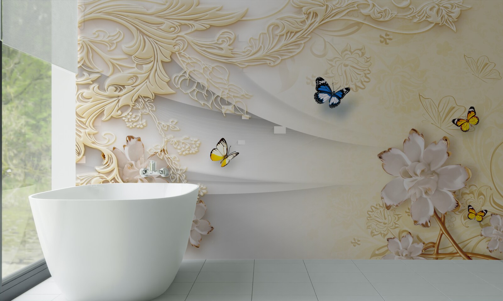 Fototapeta motýle poletujú po konároch s rozvinutými kvetmi