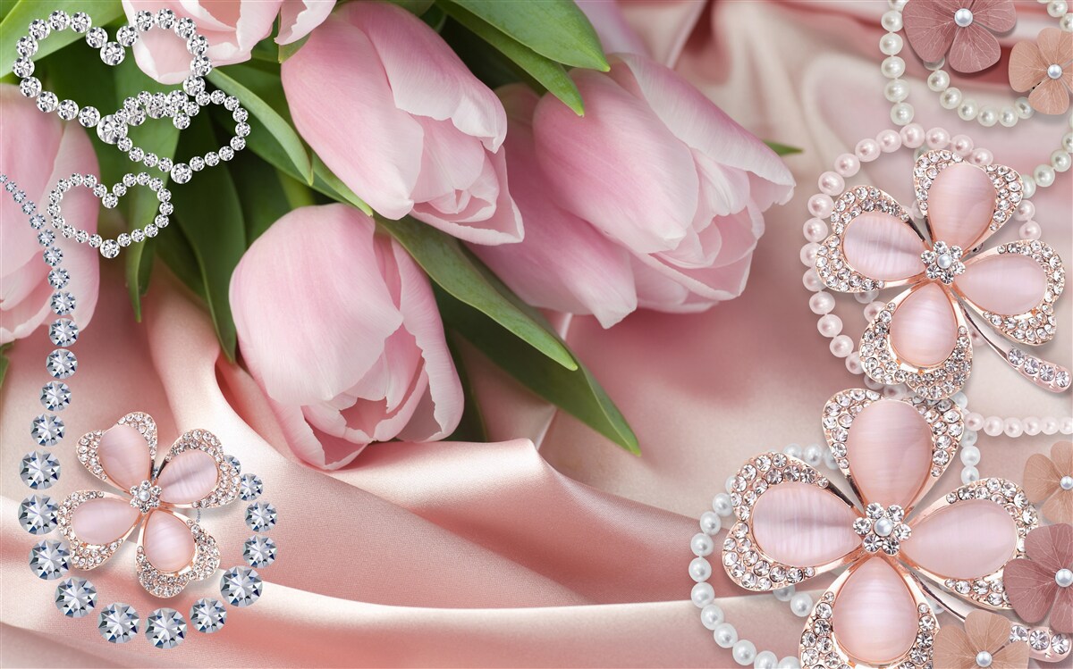 Fototapeta ružové tulipány, zdobené korálkami na hodvábnom podklade