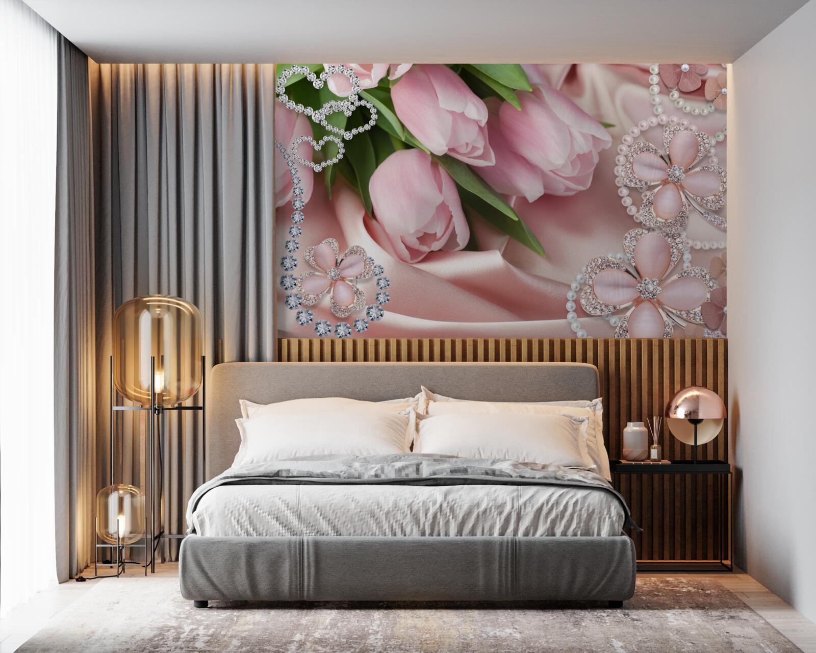 Fototapeta ružové tulipány, zdobené korálkami na hodvábnom podklade