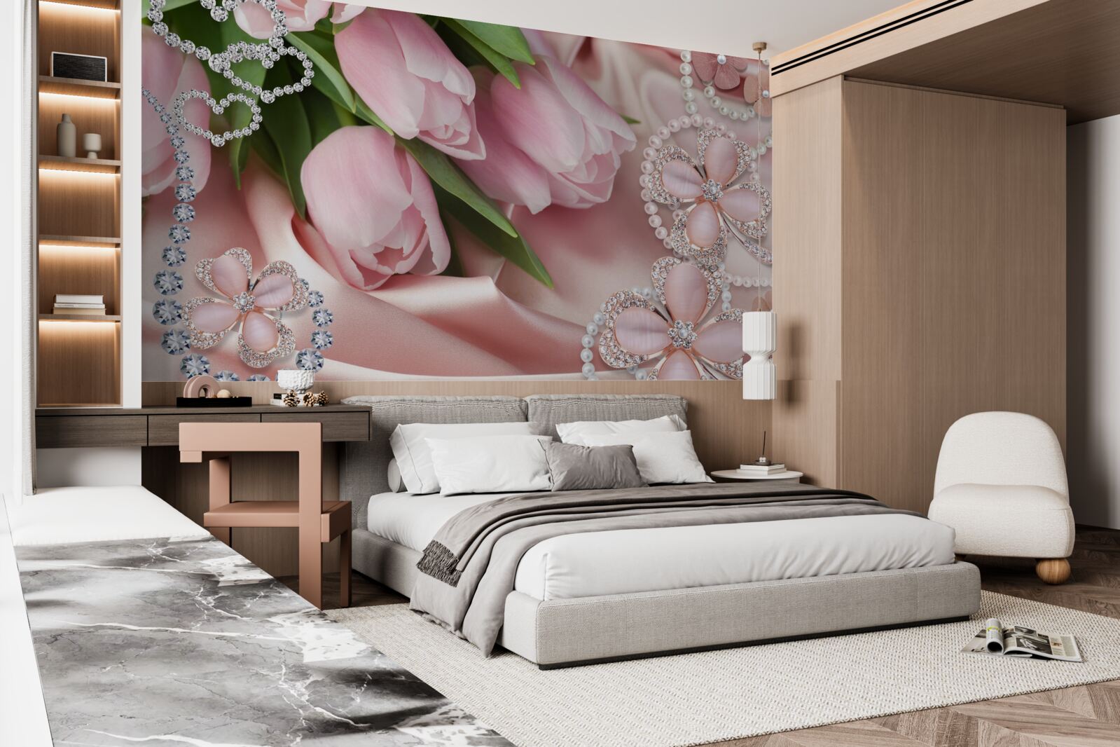 Fototapeta ružové tulipány, zdobené korálkami na hodvábnom podklade