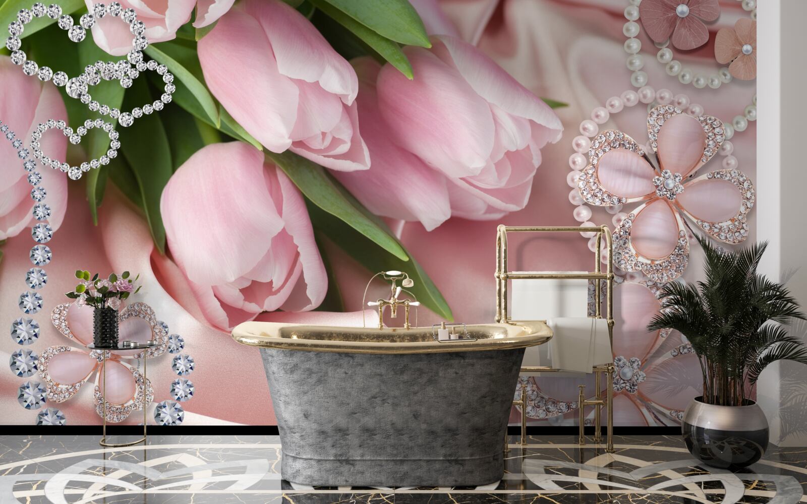Fototapeta ružové tulipány, zdobené korálkami na hodvábnom podklade