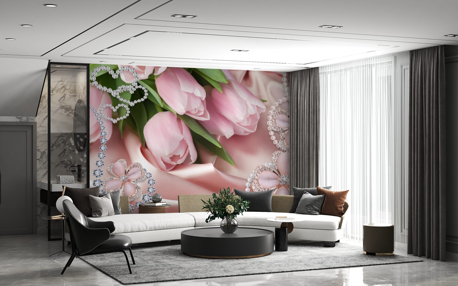 Fototapeta ružové tulipány, zdobené korálkami na hodvábnom podklade