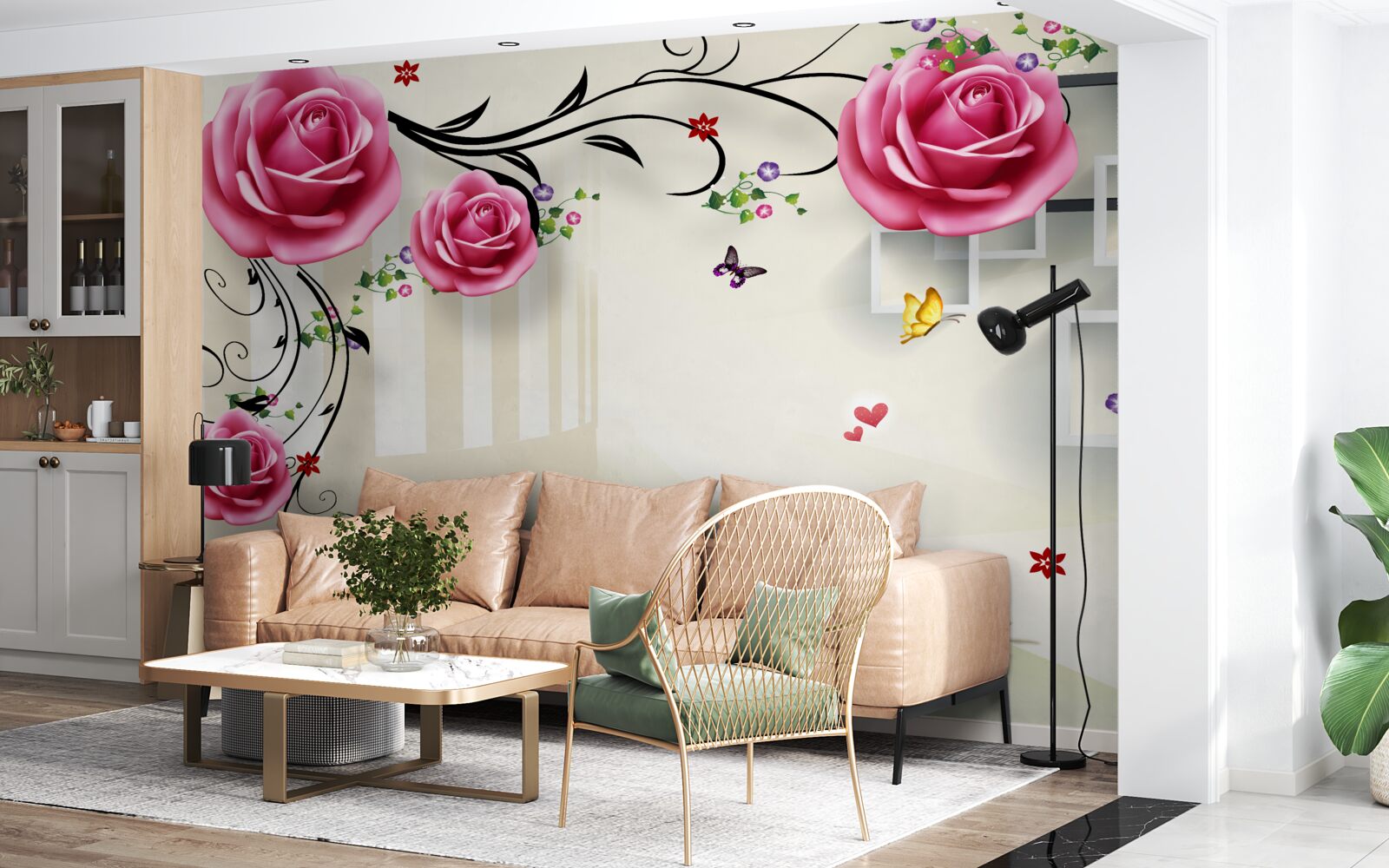 Fototapeta na konároch kvitne ružová ruža a plávajú biele labute