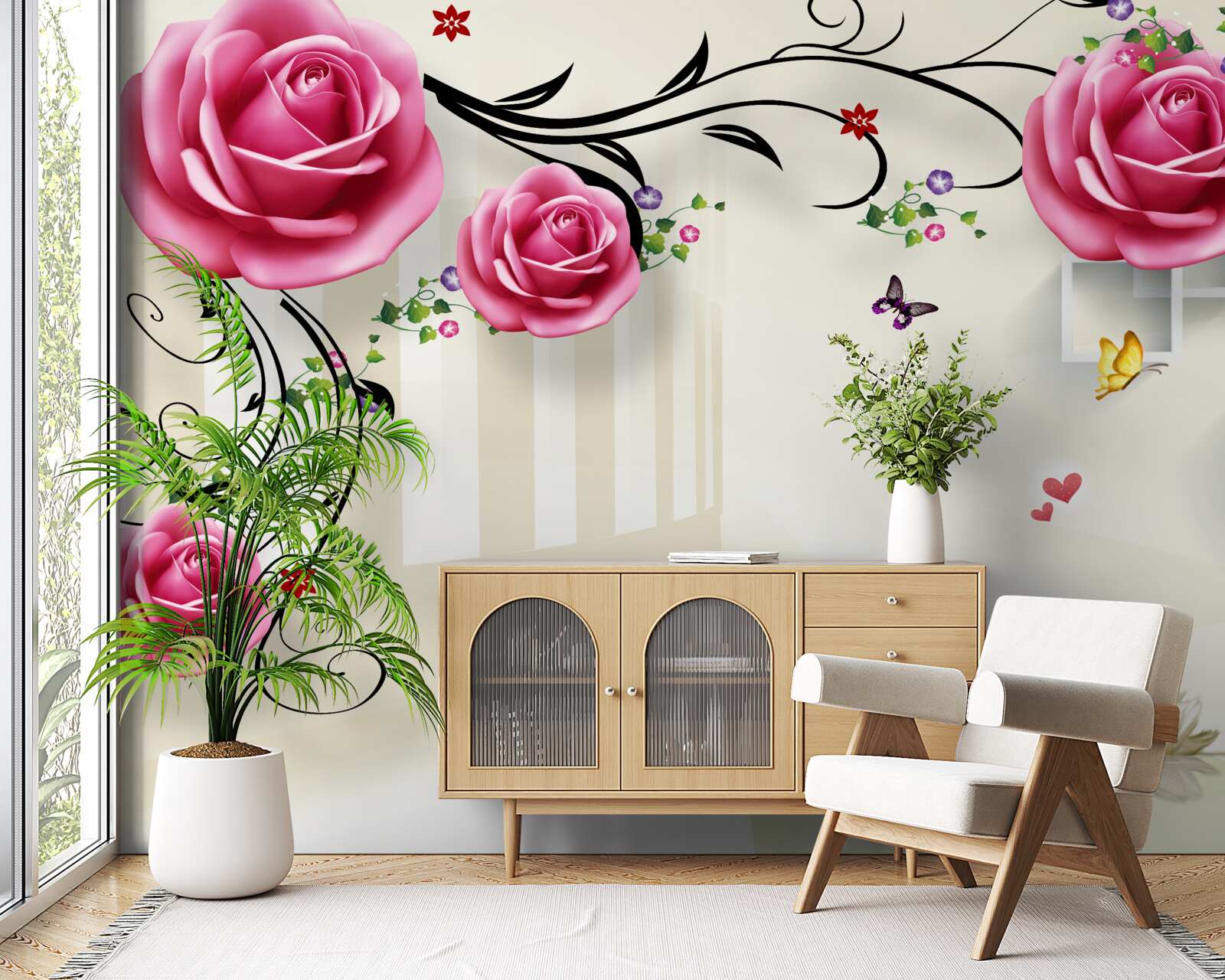 Fototapeta na konároch kvitne ružová ruža a plávajú biele labute