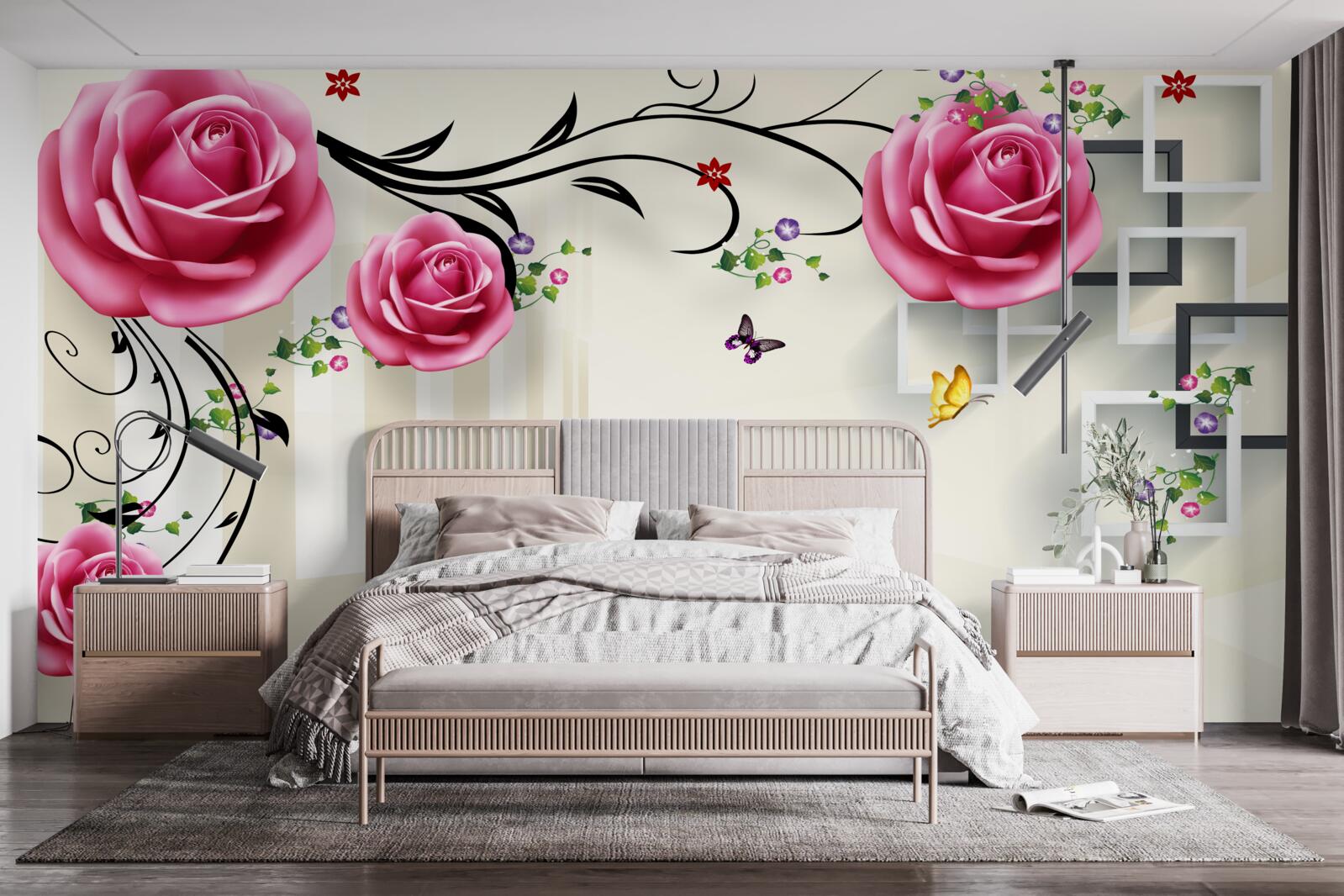 Fototapeta na konároch kvitne ružová ruža a plávajú biele labute