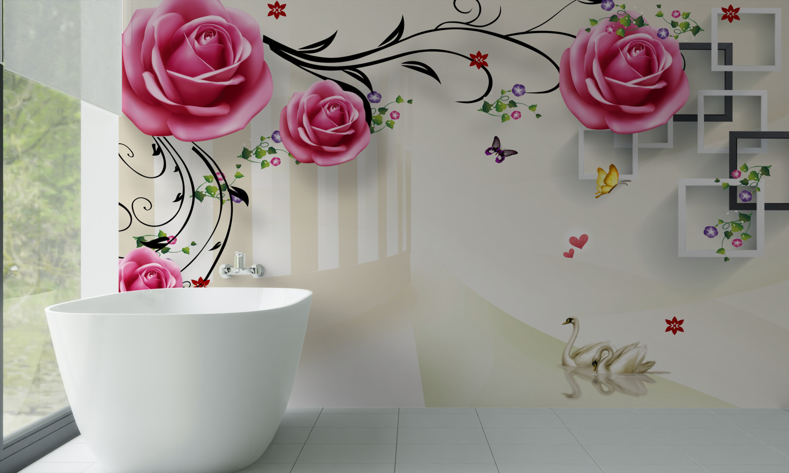 Fototapeta na konároch kvitne ružová ruža a plávajú biele labute