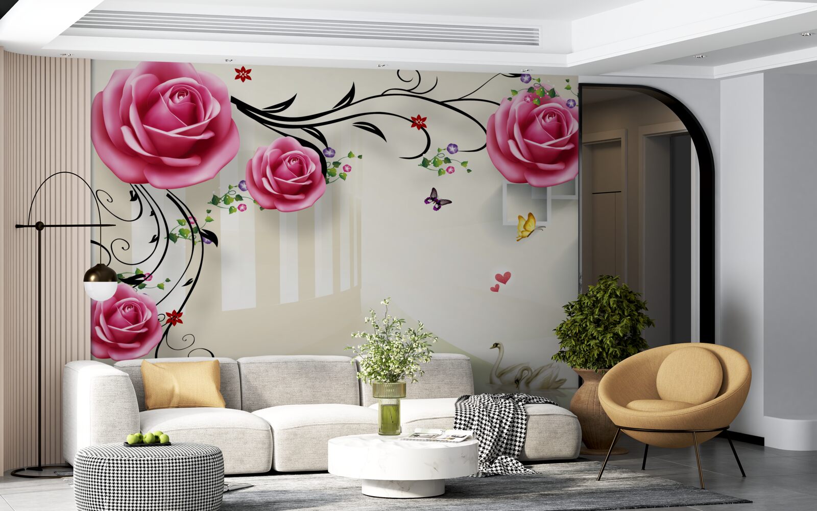 Fototapeta na konároch kvitne ružová ruža a plávajú biele labute