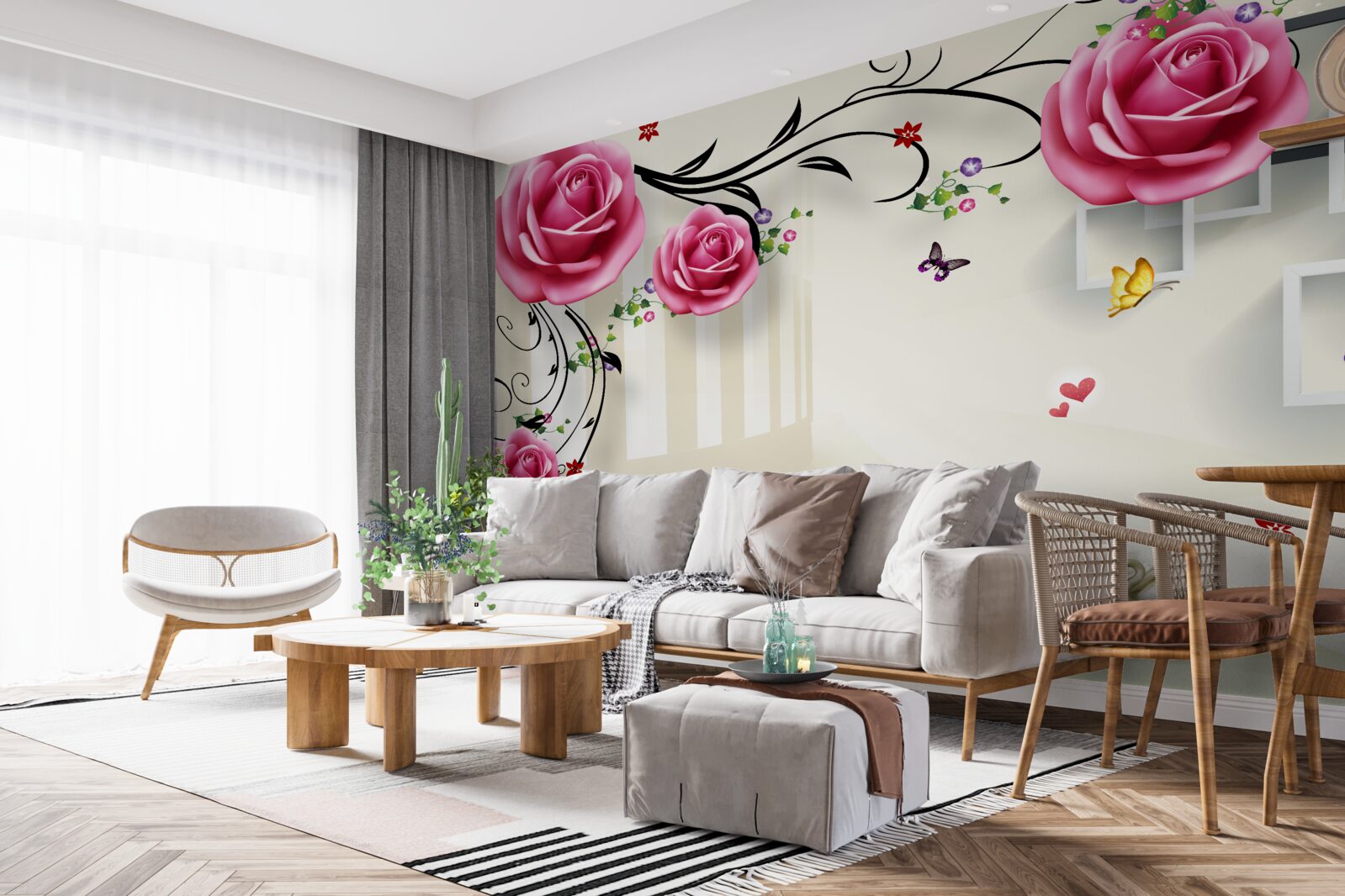 Fototapeta na konároch kvitne ružová ruža a plávajú biele labute