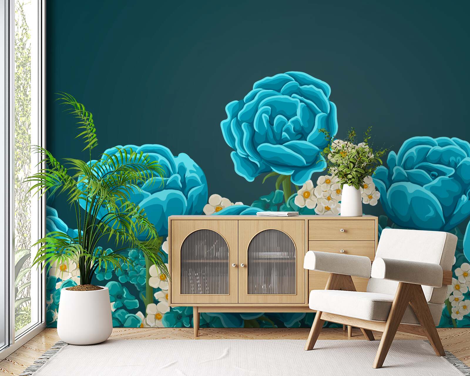 Fototapeta sedmokrásky sú snehovo biele a miniatúrne a ruže sú svetlomodré