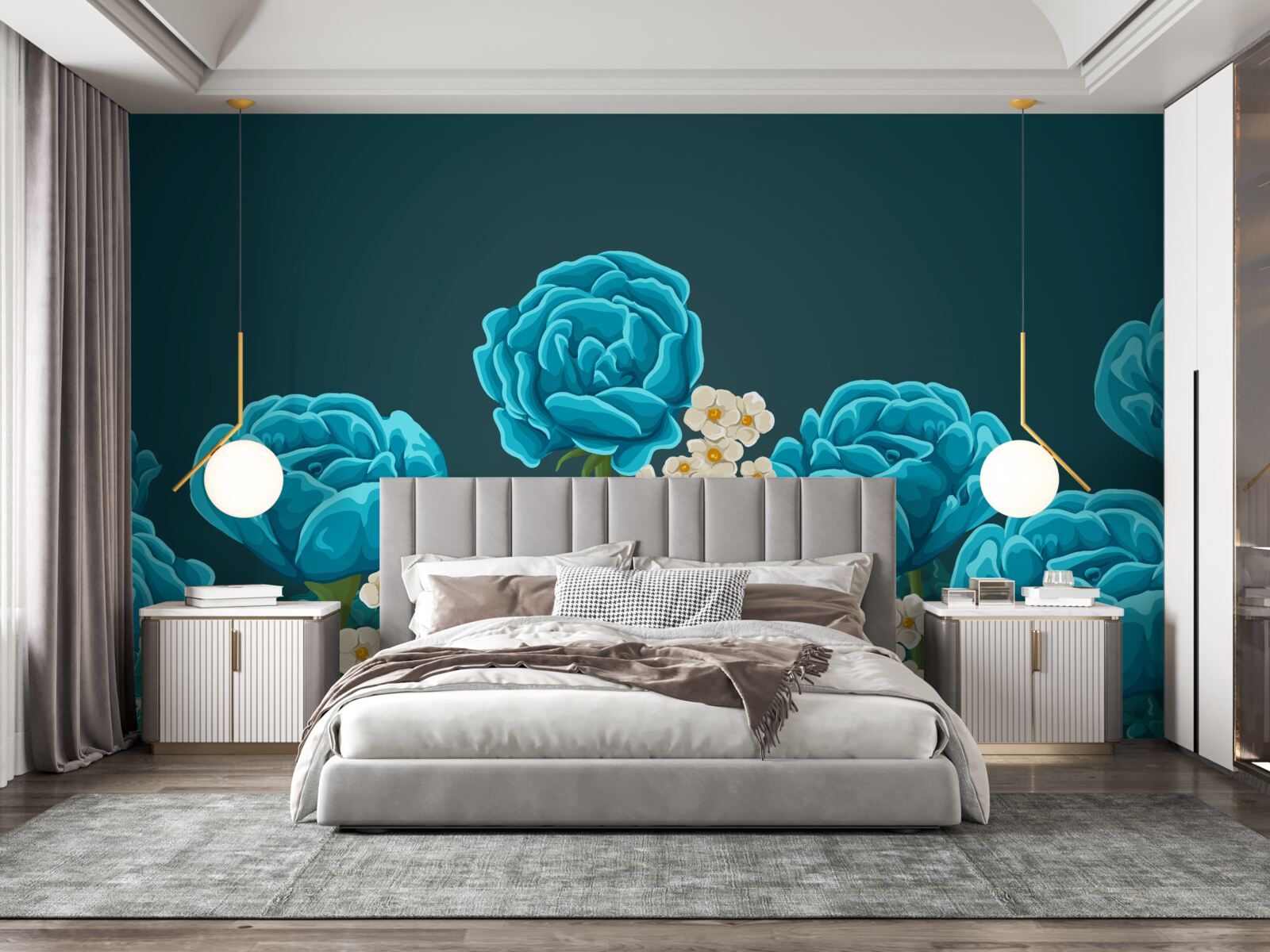 Fototapeta sedmokrásky sú snehovo biele a miniatúrne a ruže sú svetlomodré