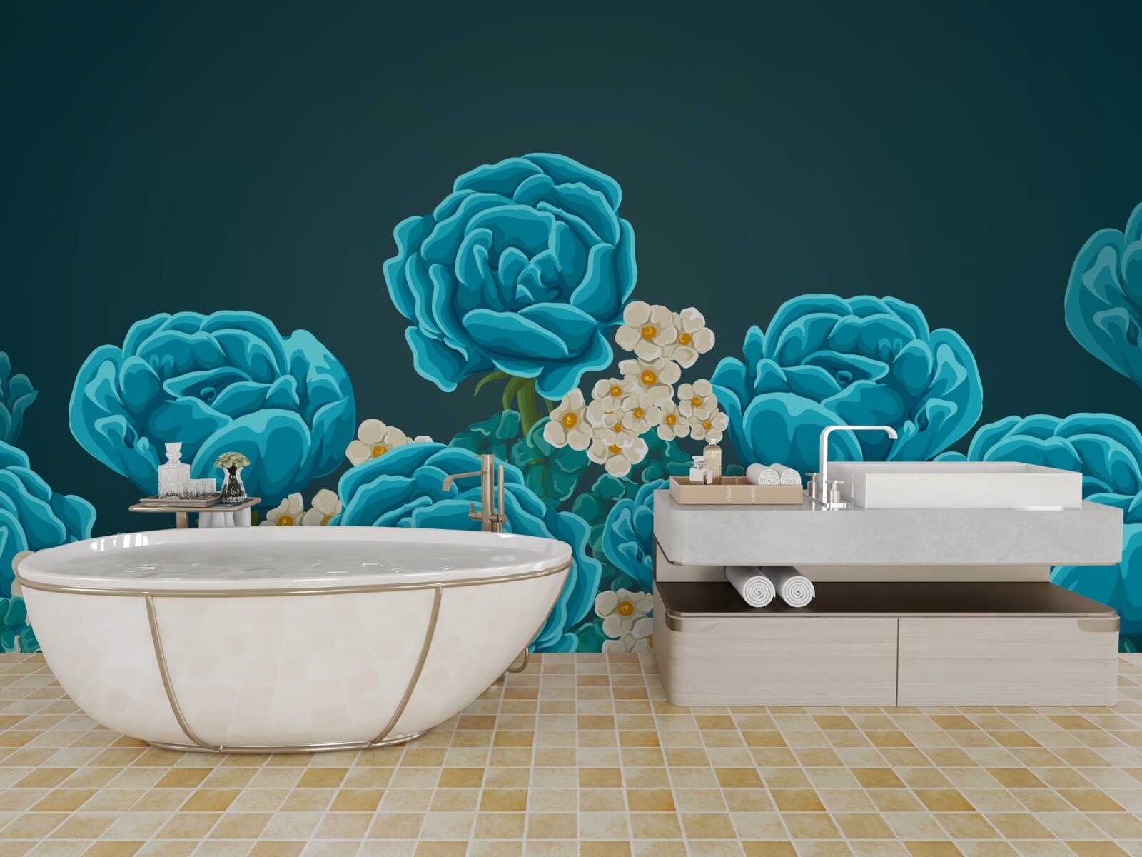 Fototapeta sedmokrásky sú snehovo biele a miniatúrne a ruže sú svetlomodré