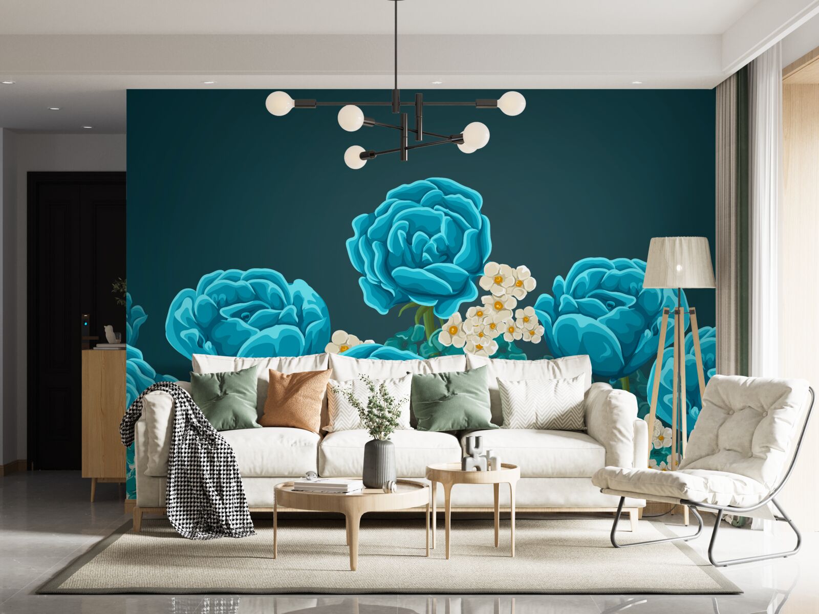 Fototapeta sedmokrásky sú snehovo biele a miniatúrne a ruže sú svetlomodré