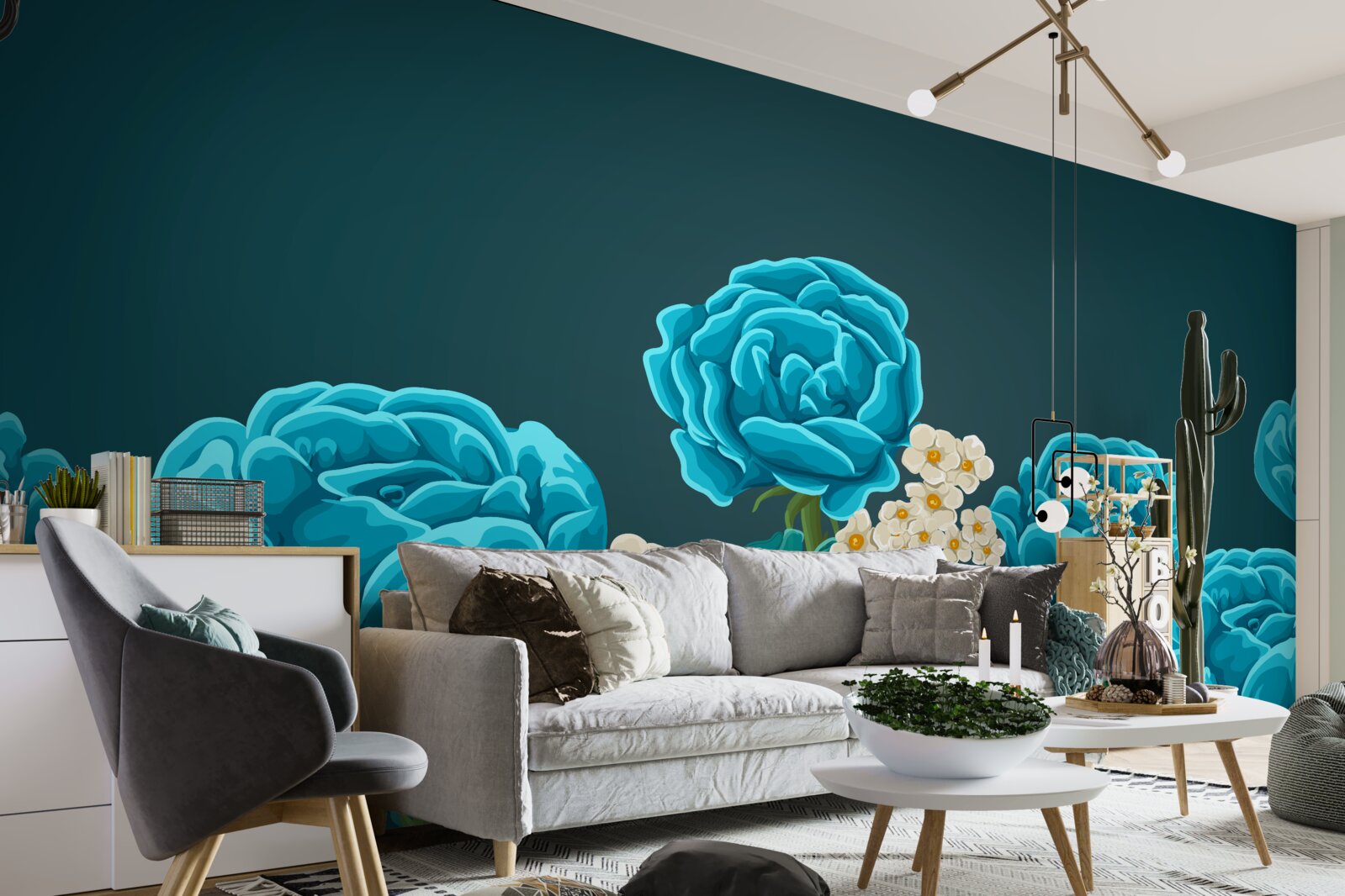 Fototapeta sedmokrásky sú snehovo biele a miniatúrne a ruže sú svetlomodré