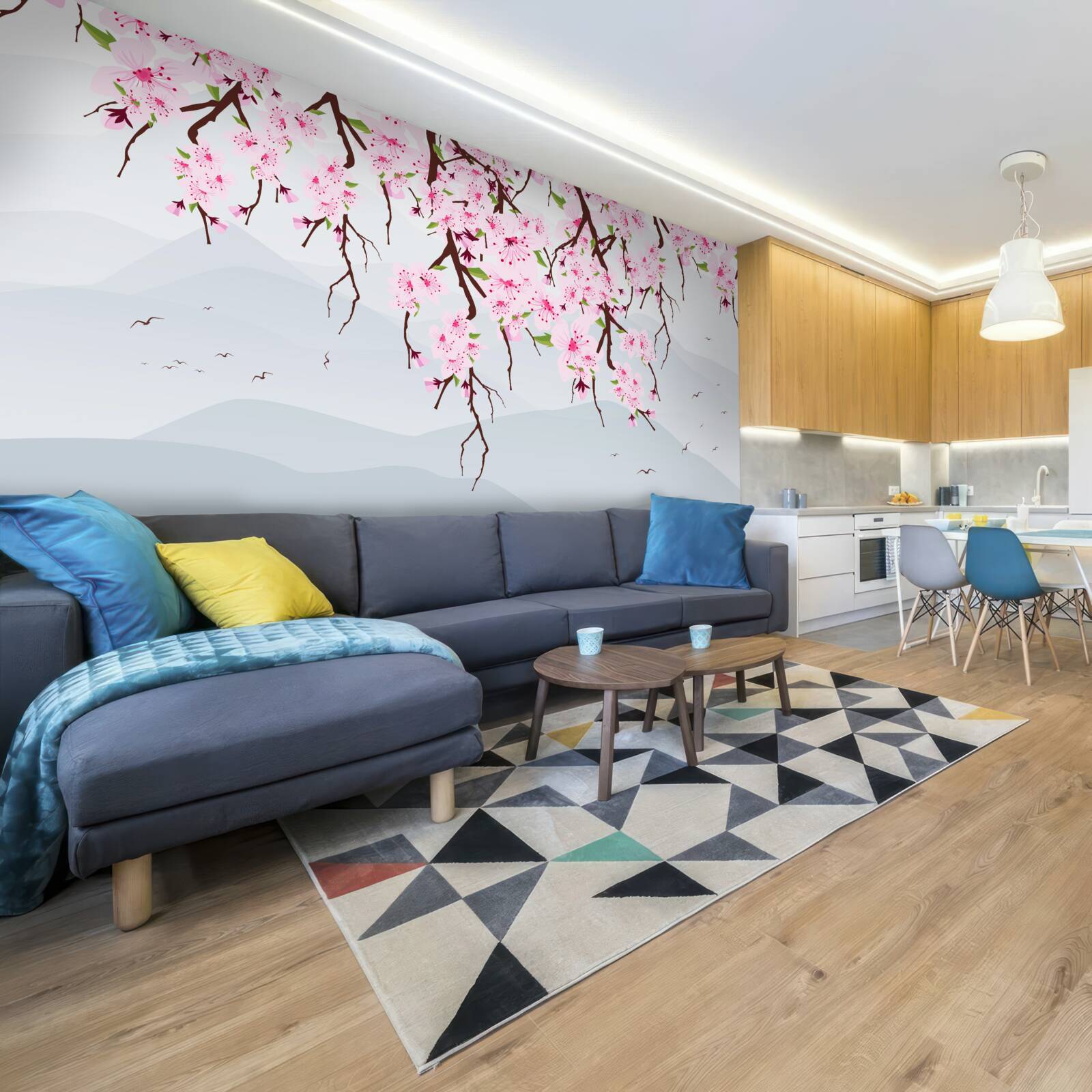 Fototapeta sakura kvitnúca pred horskou a vodnou krajinou