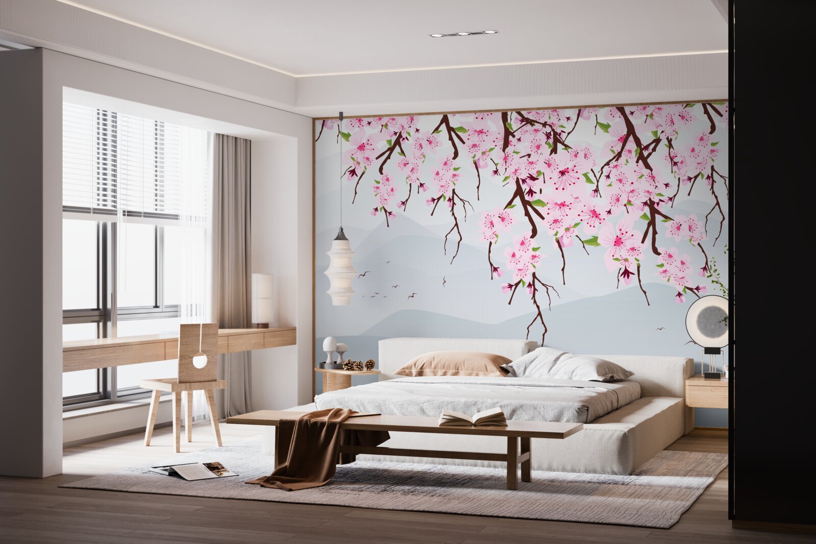 Fototapeta sakura kvitnúca pred horskou a vodnou krajinou