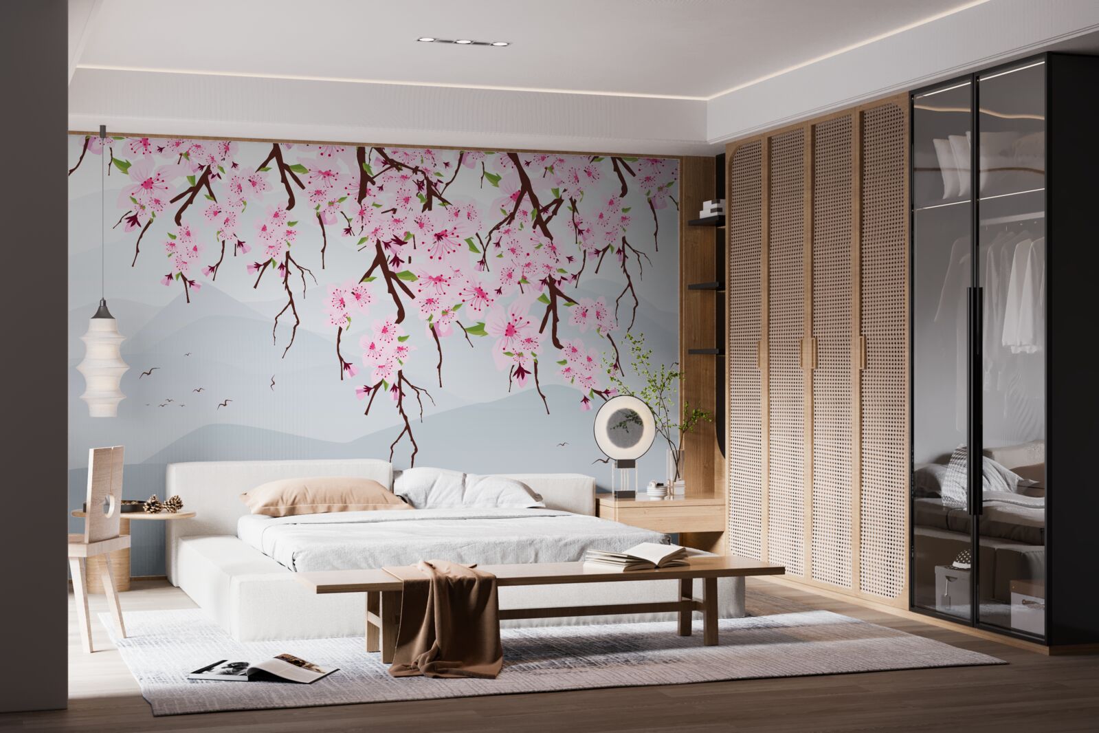 Fototapeta sakura kvitnúca pred horskou a vodnou krajinou