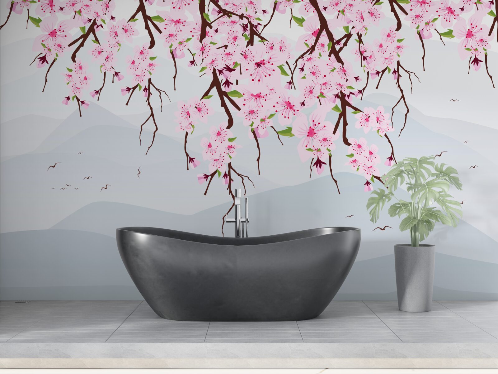 Fototapeta sakura kvitnúca pred horskou a vodnou krajinou