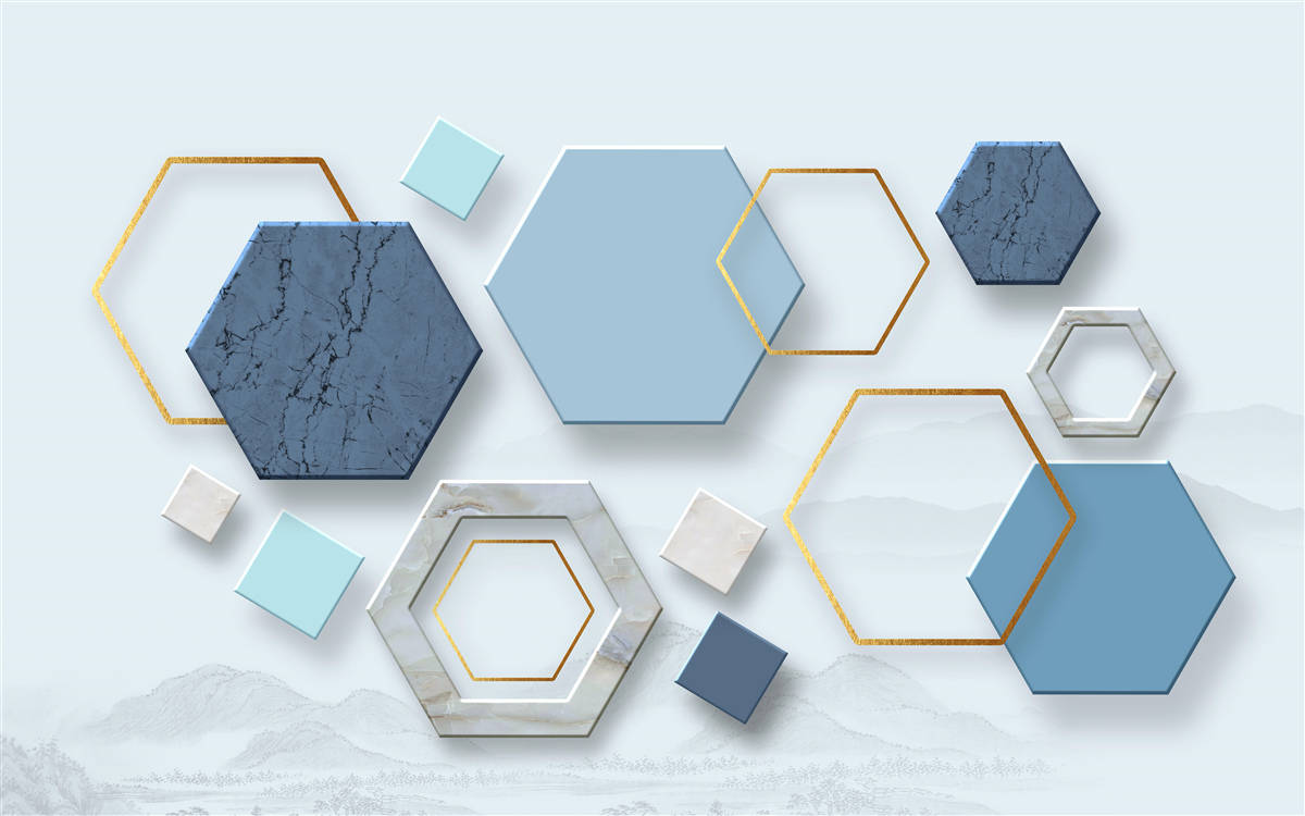 Fototapeta päťuholníkové tvary, maľované v modrých odtieňoch