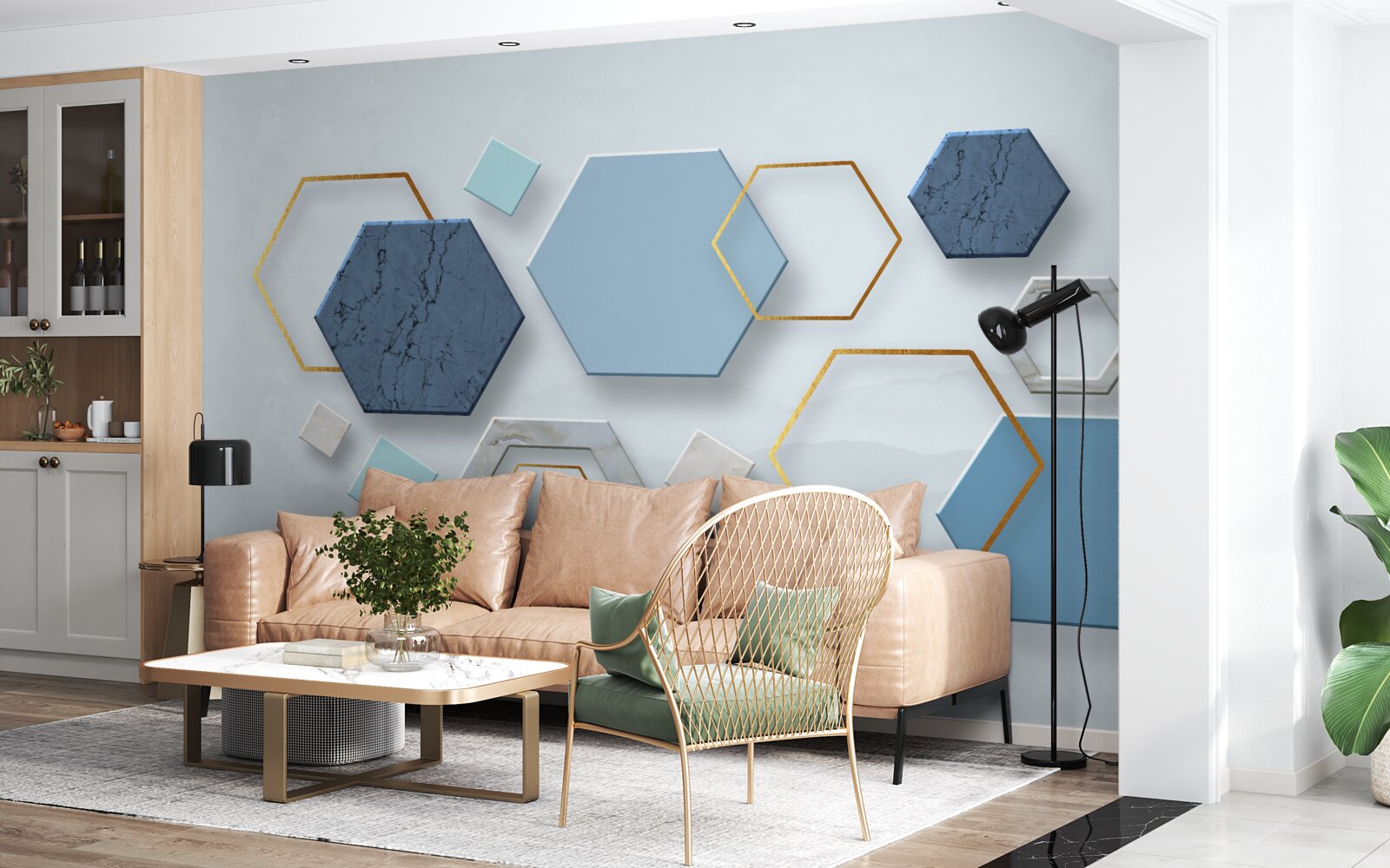 Fototapeta päťuholníkové tvary, maľované v modrých odtieňoch