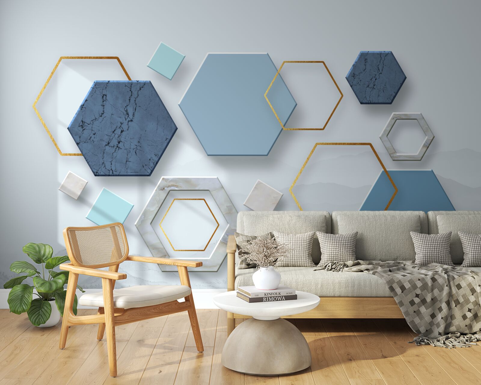 Fototapeta päťuholníkové tvary, maľované v modrých odtieňoch