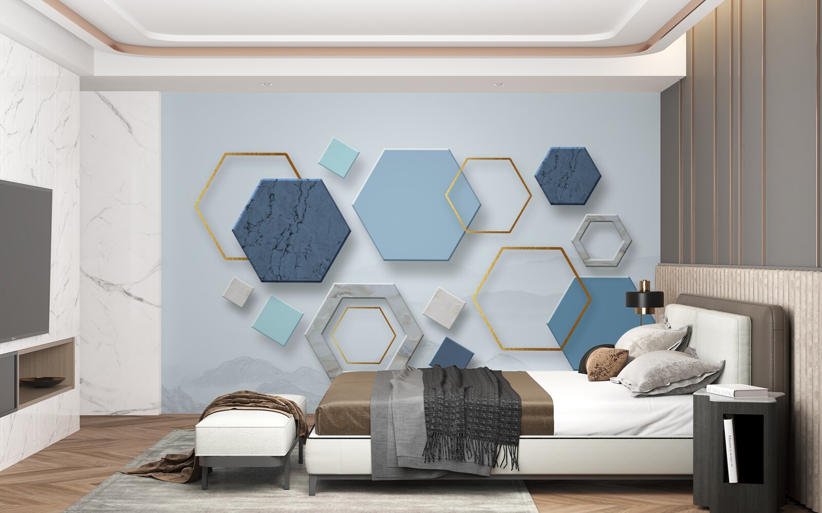 Fototapeta päťuholníkové tvary, maľované v modrých odtieňoch