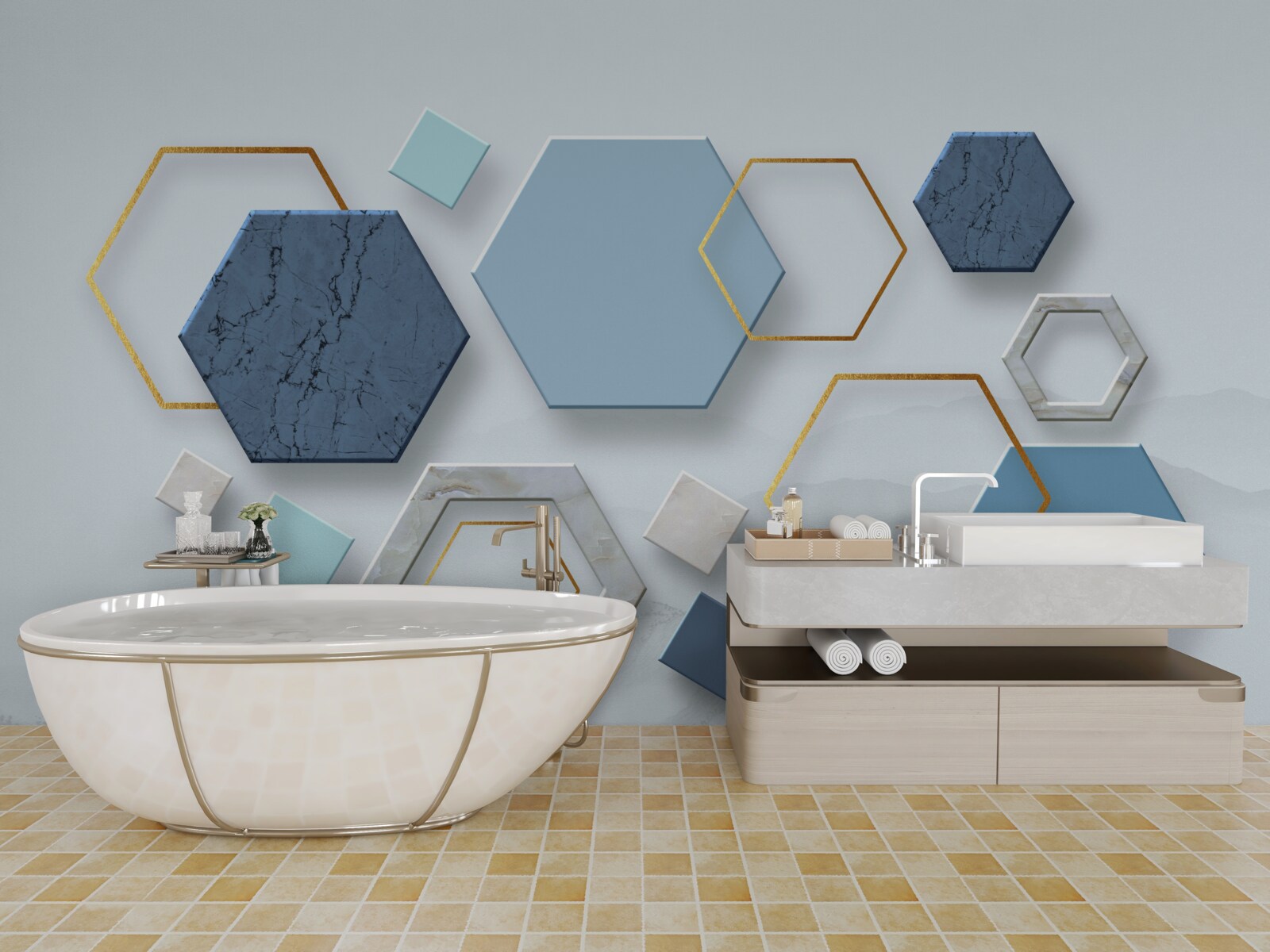 Fototapeta päťuholníkové tvary, maľované v modrých odtieňoch