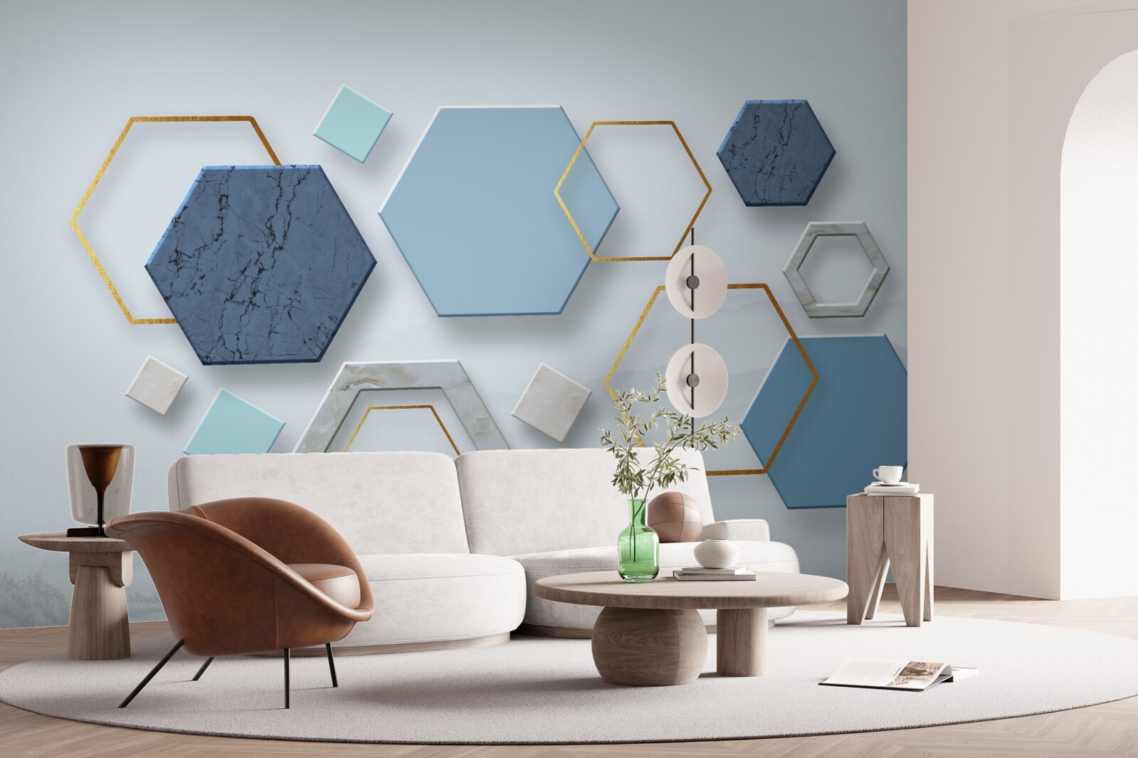 Fototapeta päťuholníkové tvary, maľované v modrých odtieňoch